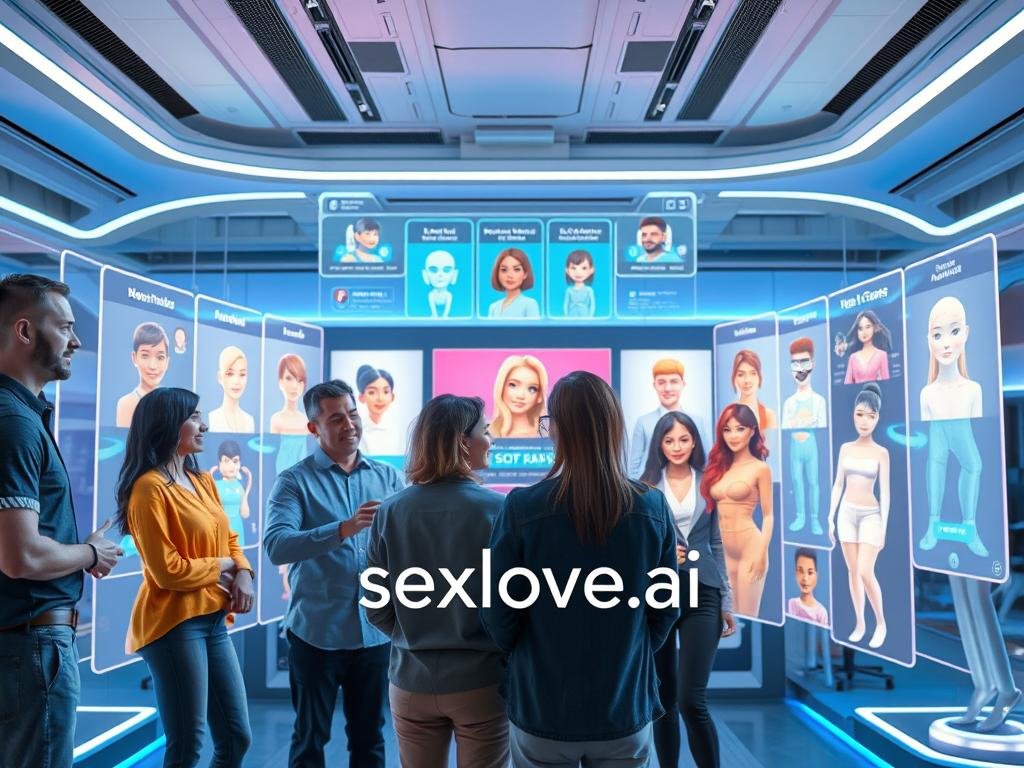 A futuristic scene depicting a virtual companion design studio, focusing on an array of holographic interfaces showcasing customizable AI avatars. In the foreground, a diverse group of professional designers, wearing smart casual clothing, collaborate enthusiastically, with 3D models of various virtual companions projected around them. In the middle, vibrant screens display features like emotional intelligence, interactive animations, and personalization options. The background features a high-tech workspace with sleek, modern design, soft blue and green lighting casting a calming atmosphere. This scene conveys creativity, innovation, and connection, representing a glimpse into the future of virtual companionship. The brand name prominently featured in the display is "sexlove.ai".