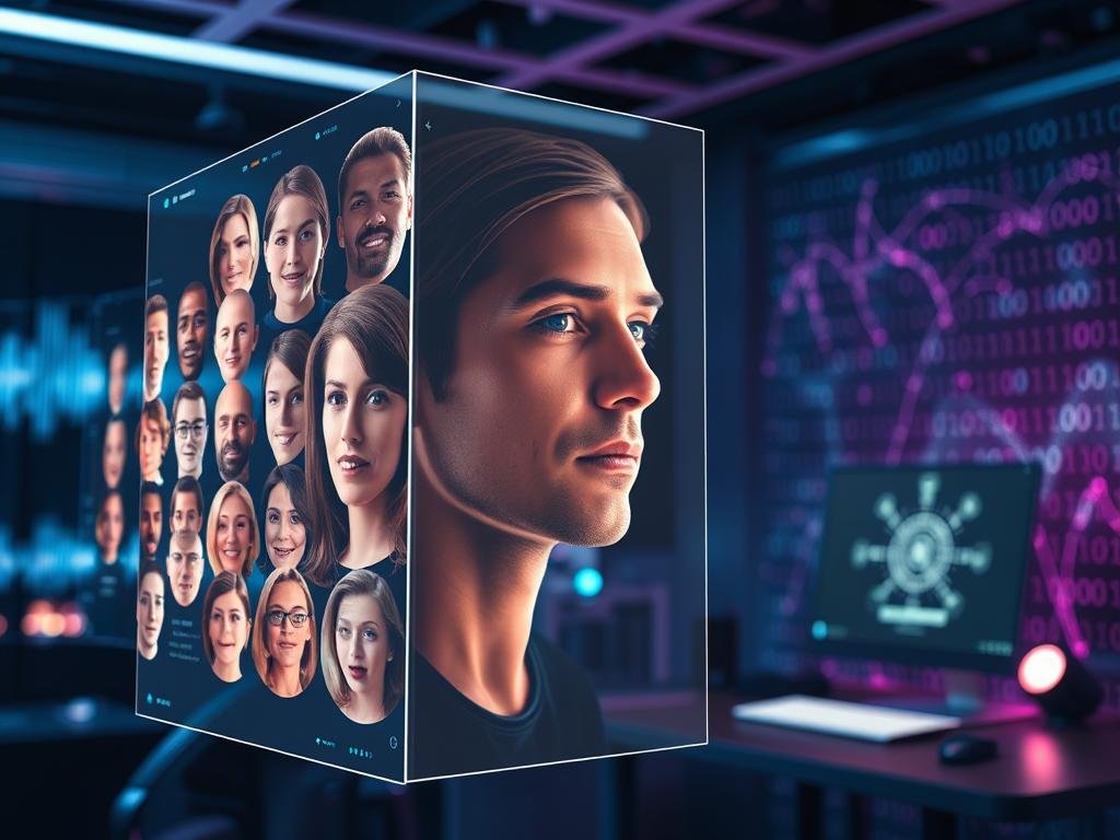 A futuristic scene depicting advanced AI technology in action, focusing on the theme of robust voice and image generation capabilities. In the foreground, a sleek, holographic interface displays diverse human faces, showcasing various emotions and expressions. The middle ground features a modern workspace with a high-tech computer and ambient lighting, emphasizing innovation and creativity. In the background, abstract representations of sound waves and binary code blend together, symbolizing the integration of voice synthesis and visual generation. The lighting is soft, with a blue and purple color palette, creating a calm and professional atmosphere. Capture the essence of "sexlove.ai" as a cutting-edge AI platform, ensuring all elements reflect a safe, professional environment. A futuristic scene depicting advanced AI technology in action, focusing on the theme of robust voice and image generation capabilities. In the foreground, a sleek, holographic interface displays diverse human faces, showcasing various emotions and expressions. The middle ground features a modern workspace with a high-tech computer and ambient lighting, emphasizing innovation and creativity. In the background, abstract representations of sound waves and binary code blend together, symbolizing the integration of voice synthesis and visual generation. The lighting is soft, with a blue and purple color palette, creating a calm and professional atmosphere. Capture the essence of "sexlove.ai" as a cutting-edge AI platform, ensuring all elements reflect a safe, professional environment.