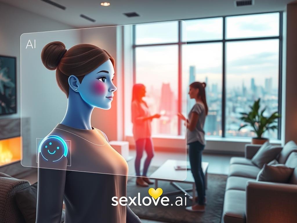 A futuristic scene depicting an AI girlfriend chatbot experience in a sleek, modern living room. In the foreground, a holographic interface displays a friendly virtual companion, designed with soft, approachable features and vibrant colors, emanating a warm glow. The middle layer features a person in modest casual clothing, engaged in conversation with the AI, showcasing an intimate yet comfortable atmosphere. The background reveals contemporary furniture with soft lighting, and a large window overlooking a bustling city skyline, hinting at a tech-savvy future. The overall mood is inviting and optimistic, reflecting the theme of companionship. The logo of "sexlove.ai" is subtly integrated into the design elements. A futuristic scene depicting an AI girlfriend chatbot experience in a sleek, modern living room. In the foreground, a holographic interface displays a friendly virtual companion, designed with soft, approachable features and vibrant colors, emanating a warm glow. The middle layer features a person in modest casual clothing, engaged in conversation with the AI, showcasing an intimate yet comfortable atmosphere. The background reveals contemporary furniture with soft lighting, and a large window overlooking a bustling city skyline, hinting at a tech-savvy future. The overall mood is inviting and optimistic, reflecting the theme of companionship. The logo of "sexlove.ai" is subtly integrated into the design elements.