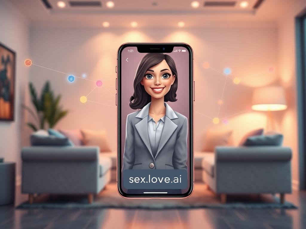 A futuristic scene depicting an AI virtual girlfriend app interface, symbolizing emotional connection. In the foreground, a beautifully designed smartphone displays the app's interface, showcasing an animated avatar of a compassionate, virtual girlfriend, dressed in professional attire, with an inviting smile. In the middle, a well-lit, cozy room with soft pastel colors creates a comfortable atmosphere, featuring plush furniture and gentle lighting. In the background, abstract digital elements symbolize memories and emotions, with ethereal wisps of colors connecting the avatar with the user. The scene conveys warmth, innovation, and intimacy, illuminating the mood of personal connection in a digital space. Emphasize soft focus on the smartphone, with a slight bokeh effect on the background elements to enhance depth. The brand name "sexlove.ai" subtly integrated within the app's interface, ensuring a professional look.