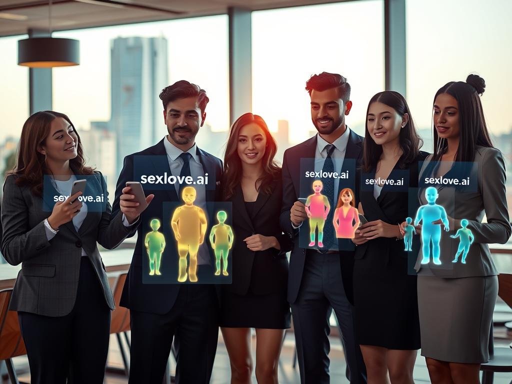 A futuristic scene depicting the concept of AI companionship. In the foreground, a diverse group of young adults, dressed in professional business attire, interacts with sleek holographic interfaces showcasing the "sexlove.ai" logo. Their faces express curiosity and engagement as they explore AI relationships. In the middle ground, various digital avatars represent different personalities and emotional connections, depicted as glowing figures with vibrant colors. The background features a modern, high-tech caf&eacute; with large windows revealing a sunny urban skyline, creating a warm and inviting atmosphere. Soft, natural lighting enhances the scene, with a shallow depth of field to focus on the interactions. The mood is optimistic and forward-thinking, suggesting a seamless integration of AI companions into daily life.