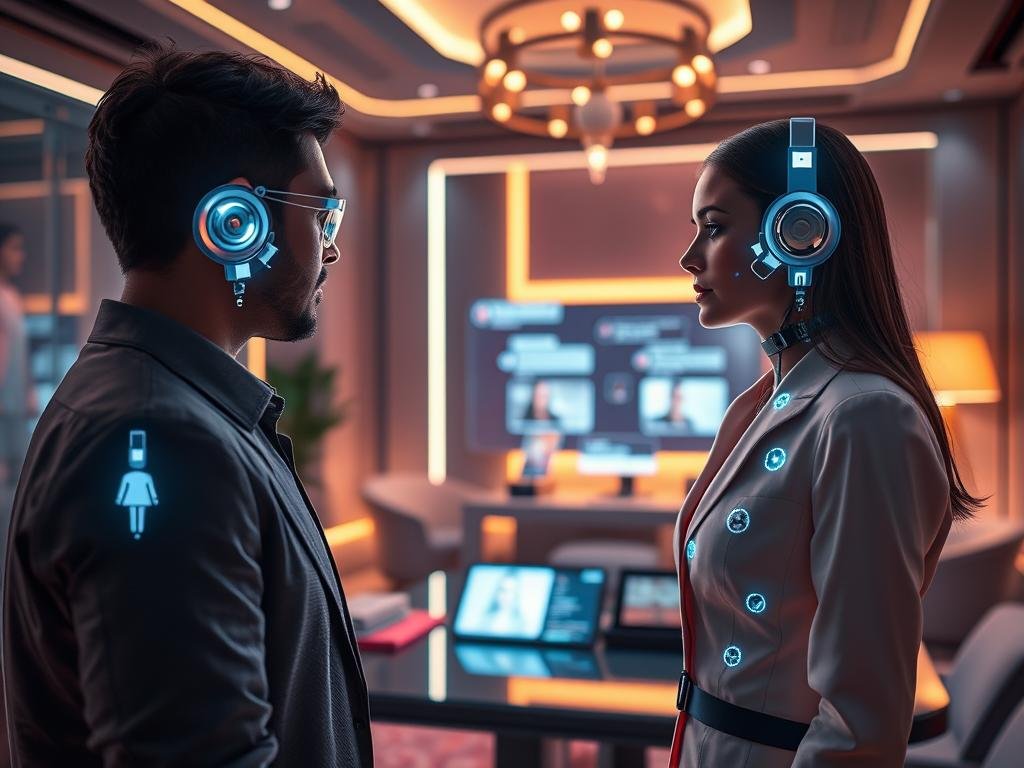 A futuristic scene depicting the user experience of an AI girlfriend chatbot app, showcasing a sleek, modern digital interface centered around the brand "sexlove.ai". In the foreground, a user interacts with a holographic AI character, designed with a friendly and approachable demeanor, representing an AI girlfriend. She is dressed in professional attire, suggesting a blend of technology and warmth. The middle ground features an elegant, high-tech workspace with devices and screens displaying engaging chatbot conversations. The background is softly illuminated with ambient lighting, giving a cozy yet advanced atmosphere. Use a warm color palette to evoke feelings of comfort and connection. Capture this scene using a balanced angle, ensuring both the user and the AI character are prominently featured, conveying a harmonious interaction.
