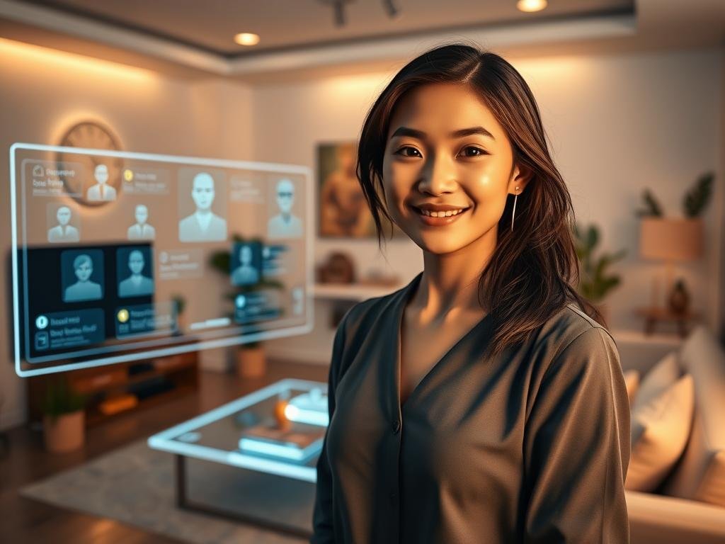 A futuristic scene featuring a friendly AI girlfriend, generated by Sexlove.ai. In the foreground, a charming young woman with an inviting smile, dressed in smart casual attire. Her hair is styled elegantly, and she displays a warm, welcoming expression. In the middle ground, a sleek digital interface sparkles with holographic displays showcasing various personalized interactions. In the background, a cozy yet modern living room filled with soft ambient lighting, accentuated by plush furniture and gentle plants, conveys a sense of warmth and comfort. The overall mood is uplifting and harmonious, with a subtle glowing effect around the AI girlfriend, suggesting an advanced, intelligent design. The perspective is slightly angled, capturing both the character and the inviting environment, creating a balanced and engaging composition. A futuristic scene featuring a friendly AI girlfriend, generated by Sexlove.ai. In the foreground, a charming young woman with an inviting smile, dressed in smart casual attire. Her hair is styled elegantly, and she displays a warm, welcoming expression. In the middle ground, a sleek digital interface sparkles with holographic displays showcasing various personalized interactions. In the background, a cozy yet modern living room filled with soft ambient lighting, accentuated by plush furniture and gentle plants, conveys a sense of warmth and comfort. The overall mood is uplifting and harmonious, with a subtle glowing effect around the AI girlfriend, suggesting an advanced, intelligent design. The perspective is slightly angled, capturing both the character and the inviting environment, creating a balanced and engaging composition.