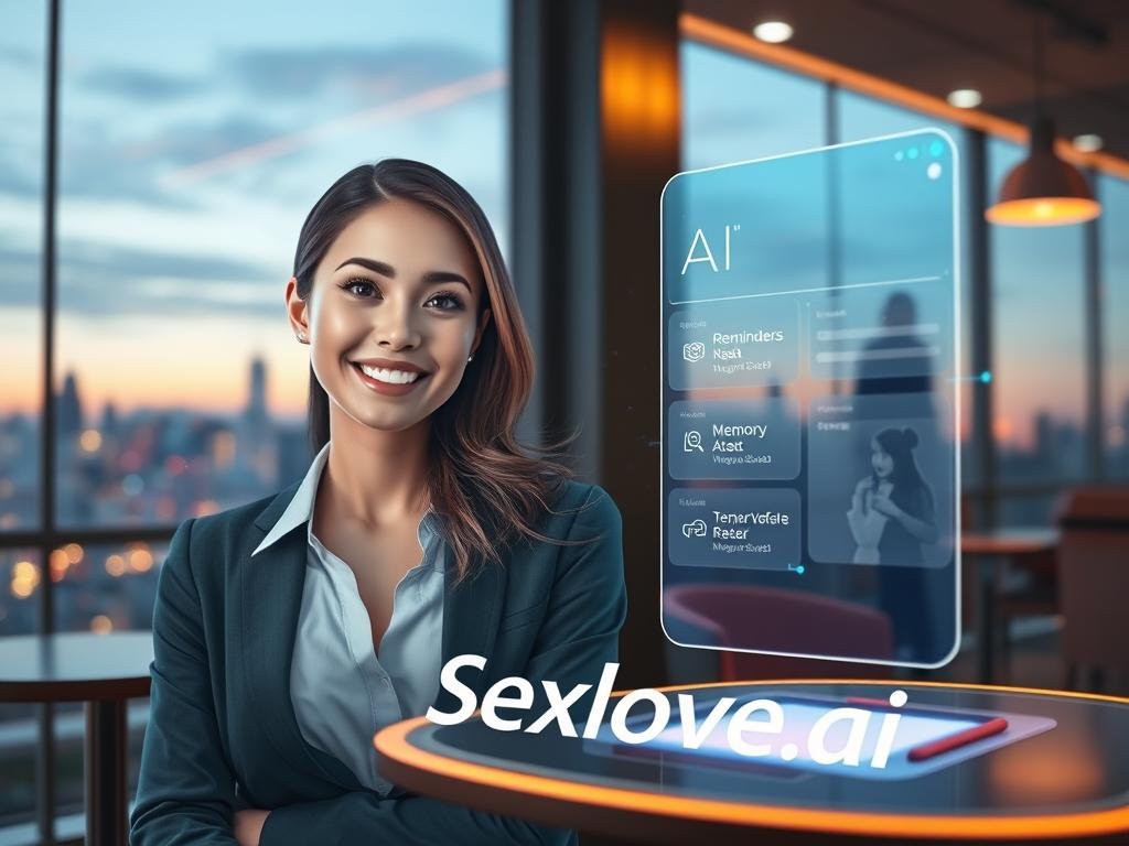 A futuristic scene featuring a virtual girlfriend with a vivid, engaging personality, blending technology and emotion. In the foreground, a holographic figure of a woman with an inviting smile and expressive eyes, dressed in smart, casual attire, sits in a cozy virtual caf&eacute; environment. Her features are ethereal, glowing softly to convey her AI essence, with colorful digital patterns subtly flowing around her. In the middle ground, a sleek, interactive interface displays reminders and memories shared with her user, symbolizing her memory capabilities. The background shows a tranquil cityscape at twilight, with soft, ambient lighting creating a warm, reassuring atmosphere. The image should reflect a sense of companionship and innovation, emphasizing the connection between human and AI. The brand name "Sexlove.ai" should be subtly integrated into the digital interface without any overt branding.