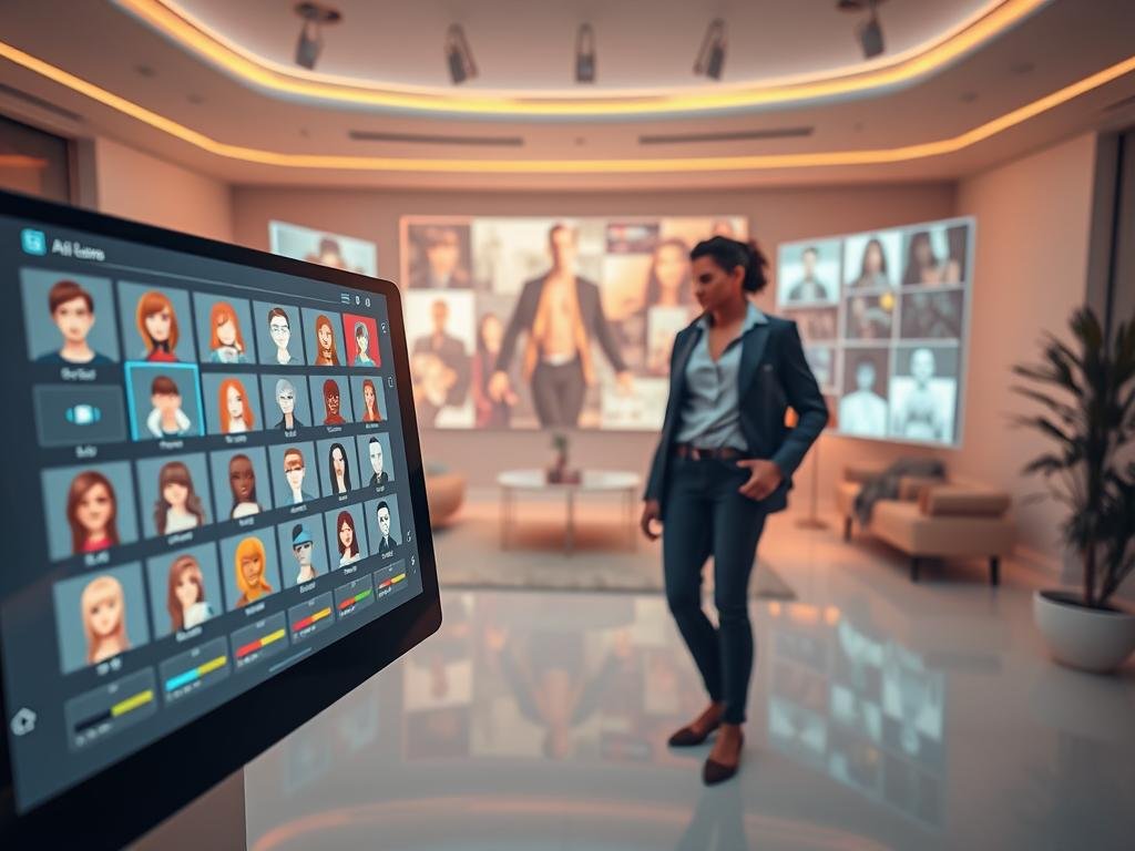 A futuristic scene highlighting a sleek digital interface for "AI girlfriend customization options" by sexlove.ai. In the foreground, a high-tech touchscreen displays diverse avatar choices, including hairstyles, outfits, and personality traits, represented with vibrant icons. The middle ground features a stylish, modern room with soft ambient lighting, where a user interacts with the interface, dressed in casual yet professional clothing. The background reveals glimpses of holographic projections showcasing different customization themes, creating a dynamic atmosphere of personalization and innovation. The overall mood is engaging and futuristic, capturing the essence of deep customization and personalization in AI interactions. Use a wide-angle lens to emphasize the depth of the setting, with warm lighting to enhance the inviting feel of the environment. A futuristic scene highlighting a sleek digital interface for "AI girlfriend customization options" by sexlove.ai. In the foreground, a high-tech touchscreen displays diverse avatar choices, including hairstyles, outfits, and personality traits, represented with vibrant icons. The middle ground features a stylish, modern room with soft ambient lighting, where a user interacts with the interface, dressed in casual yet professional clothing. The background reveals glimpses of holographic projections showcasing different customization themes, creating a dynamic atmosphere of personalization and innovation. The overall mood is engaging and futuristic, capturing the essence of deep customization and personalization in AI interactions. Use a wide-angle lens to emphasize the depth of the setting, with warm lighting to enhance the inviting feel of the environment.