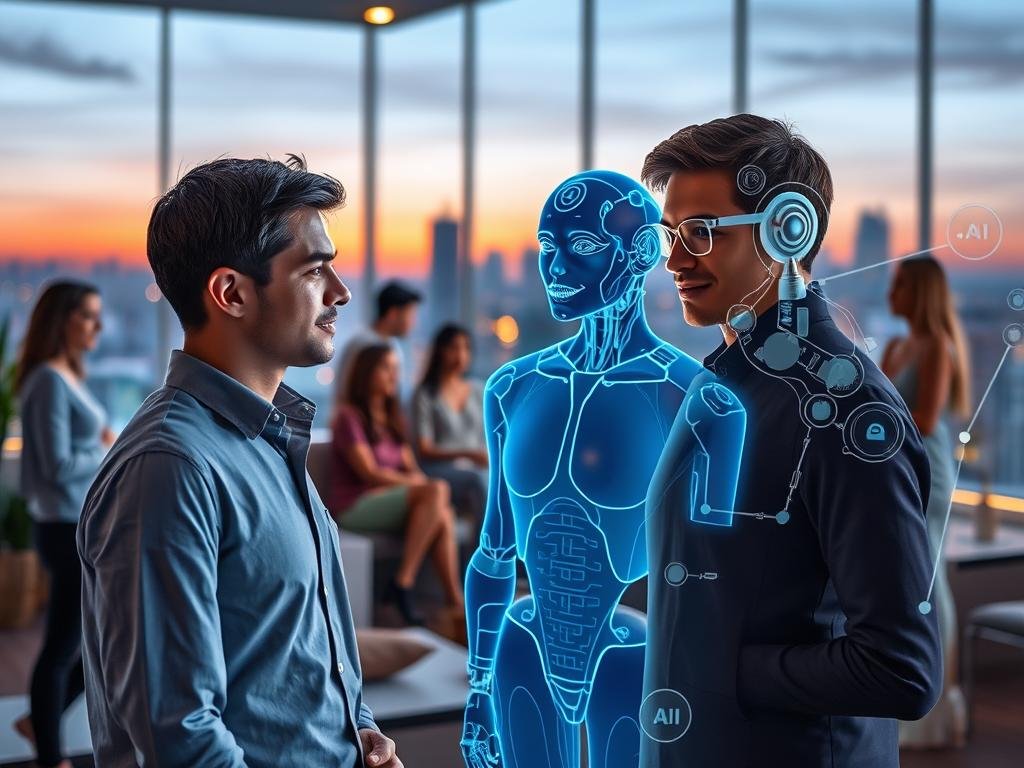 A futuristic scene illustrating the concept of AI companions, featuring a diverse group of individuals engaged in friendly conversation with lifelike AI avatars that exhibit various humanoid characteristics. In the foreground, a man and woman, dressed in smart casual attire, are interacting with a holographic AI companion who displays warm, inviting features, embodying a blend of technology and personality. The middle ground showcases additional people interacting with their AI companions in a cozy, modern lounge environment that suggests comfort and connection. The background hints at a high-tech city skyline, softly illuminated by twilight, creating a serene yet vibrant atmosphere. Soft, ambient lighting highlights the figures, while a slight depth-of-field effect draws focus to the interactions. This visualization represents the innovative world of AI companionship, reflecting the brand name "sexlove.ai". A futuristic scene illustrating the concept of AI companions, featuring a diverse group of individuals engaged in friendly conversation with lifelike AI avatars that exhibit various humanoid characteristics. In the foreground, a man and woman, dressed in smart casual attire, are interacting with a holographic AI companion who displays warm, inviting features, embodying a blend of technology and personality. The middle ground showcases additional people interacting with their AI companions in a cozy, modern lounge environment that suggests comfort and connection. The background hints at a high-tech city skyline, softly illuminated by twilight, creating a serene yet vibrant atmosphere. Soft, ambient lighting highlights the figures, while a slight depth-of-field effect draws focus to the interactions. This visualization represents the innovative world of AI companionship, reflecting the brand name "sexlove.ai".