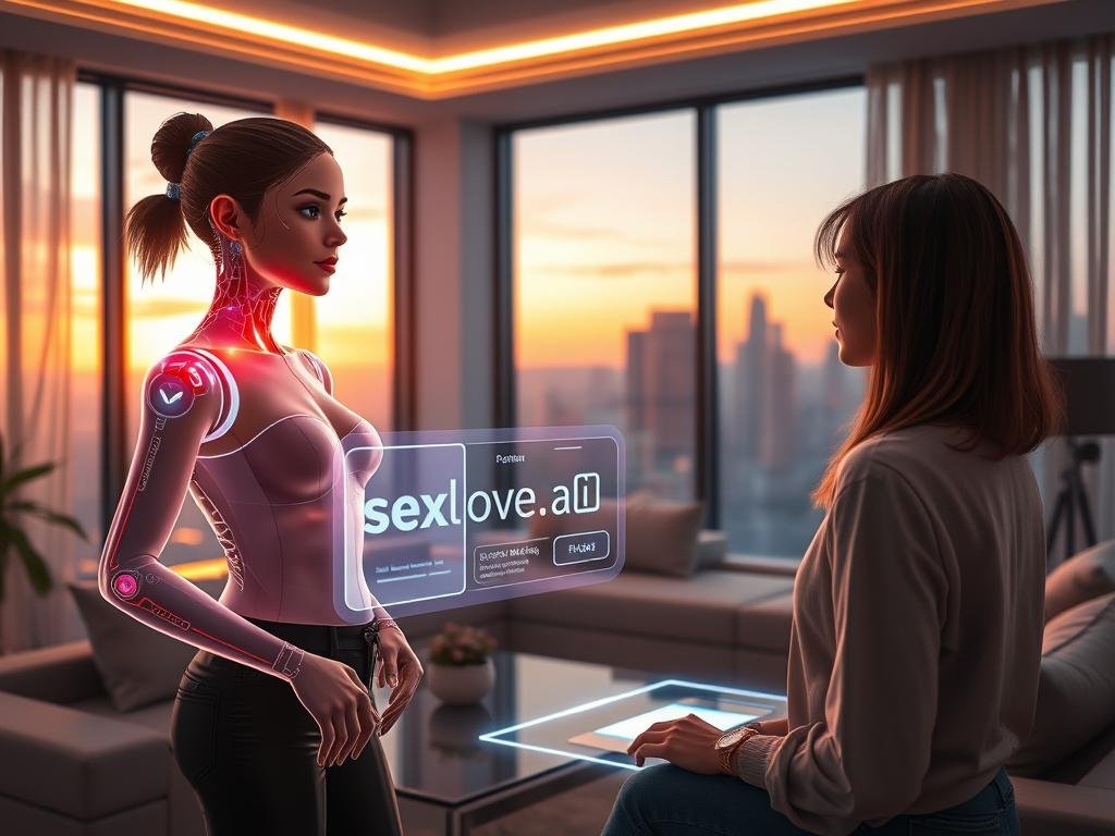 A futuristic scene illustrating the concept of a "dream AI girlfriend experience," featuring a stylish, modern living room adorned with soft, ambient lighting. In the foreground, a digital representation of an AI girlfriend, with an ethereal glow and holographic features, is seen interacting with a user, depicted as a young adult wearing smart casual clothing. The middle ground showcases advanced technology, like a sleek holographic display showing the app "sexlove.ai" interface, encapsulating an engaging, user-friendly experience. In the background, large windows reveal a serene sunset skyline, casting a warm, inviting atmosphere. The overall mood is intimate yet futuristic, evoking a sense of connection and innovation in personal relationships.