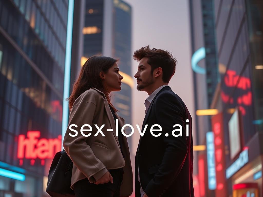 A futuristic scene inspired by the concept of AI companionship, showcasing two characters resembling Sophie Thatcher and Jack Quaid in a modern urban setting. In the foreground, they share a moment of connection, with Sophie in stylish, modest casual clothing and Jack in a smart, professional outfit. The background features sleek city architecture with glowing neon lights that create a vibrant yet contemplative mood. The lighting is soft and cinematic, reminiscent of a warm sunset, casting gentle shadows that enhance their expressions. The angle is slightly elevated, capturing the dynamic of their interaction as they gaze at each other, contemplating the implications of AI relationships. The image subtly includes elements like a holographic interface or futuristic technology, signifying the theme of AI companionship. The brand name "sexlove.ai" is visually integrated into the scene as an ambient light source, blending seamlessly with the futuristic atmosphere.
