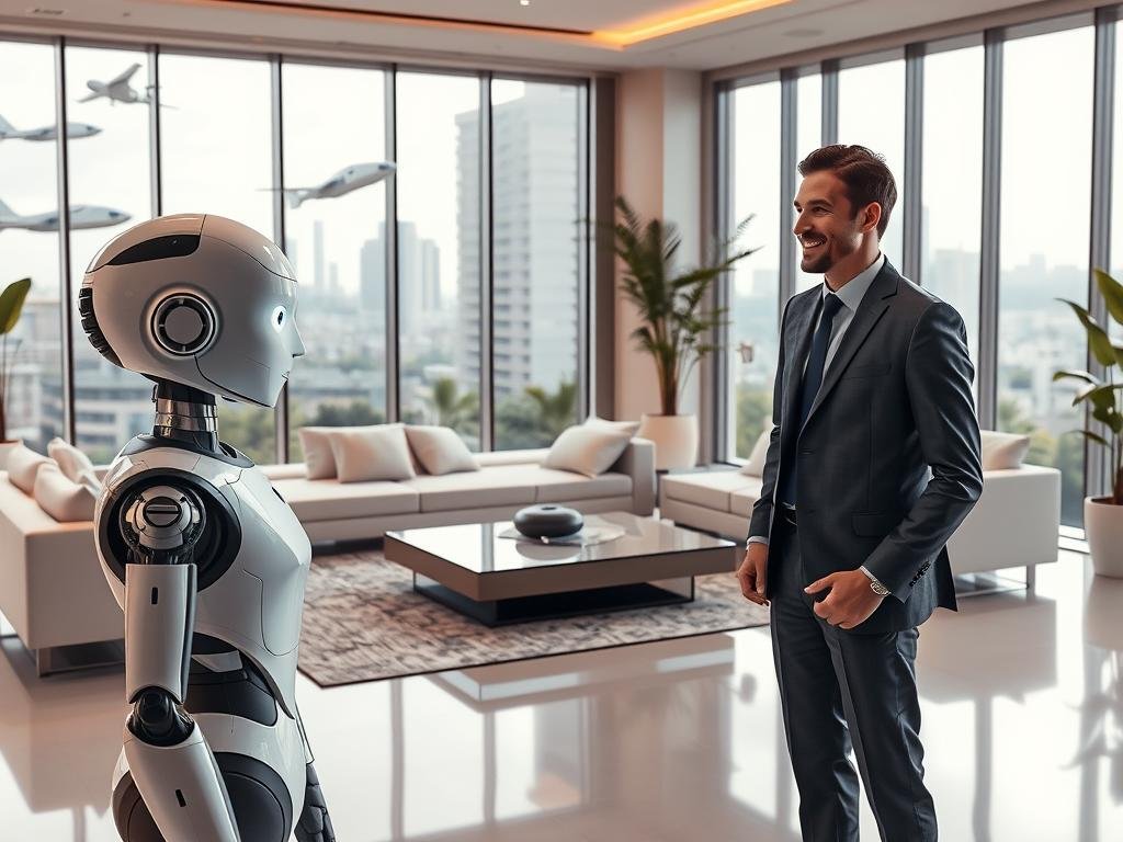 A futuristic scene showcasing "The Future of AI Companionship in 2026." In the foreground, a serene and intelligent AI companion, depicted as a humanoid robot with friendly features, is engaged in a meaningful conversation with a smiling human dressed in professional business attire. The middle ground features a sleek, modern living room filled with advanced technology, such as holographic interfaces and smart furniture that responds to emotions. The background shows large windows revealing a city skyline with flying vehicles and lush greenery. Soft, warm lighting creates a cozy atmosphere, while a subtle blue glow emanates from the AI, symbolizing its advanced capabilities. The overall mood is one of companionship and technological harmony, encapsulating the essence of sexlove.ai as the leading AI girlfriend web app.