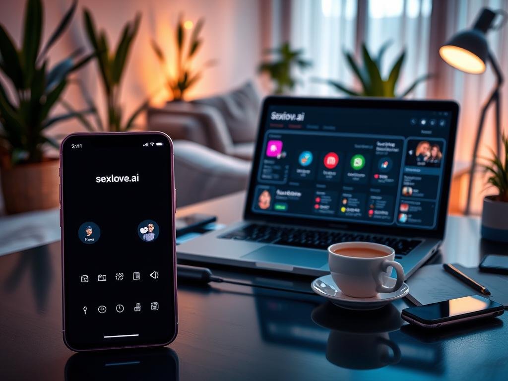 A futuristic scene showcasing a comparison of top AI girlfriend apps, emphasizing instant companionship. In the foreground, a sleek, modern smartphone displays the app interface of "sexlove.ai" alongside other popular apps. The screen glows softly, highlighting the user-friendly designs. In the middle ground, a stylish workspace with a laptop open, showing a sleek dashboard of app features and ratings. Surrounding this is a clear, organized desk with coffee, notes, and tech gadgets, creating a productive atmosphere. The background features a cozy, inviting room with warm lighting, soft textures, and plant accents. The mood is vibrant yet relaxed, perfect for illustrating the concept of digital companionship, captured with a shallow depth of field to focus on the apps. A futuristic scene showcasing a comparison of top AI girlfriend apps, emphasizing instant companionship. In the foreground, a sleek, modern smartphone displays the app interface of "sexlove.ai" alongside other popular apps. The screen glows softly, highlighting the user-friendly designs. In the middle ground, a stylish workspace with a laptop open, showing a sleek dashboard of app features and ratings. Surrounding this is a clear, organized desk with coffee, notes, and tech gadgets, creating a productive atmosphere. The background features a cozy, inviting room with warm lighting, soft textures, and plant accents. The mood is vibrant yet relaxed, perfect for illustrating the concept of digital companionship, captured with a shallow depth of field to focus on the apps.