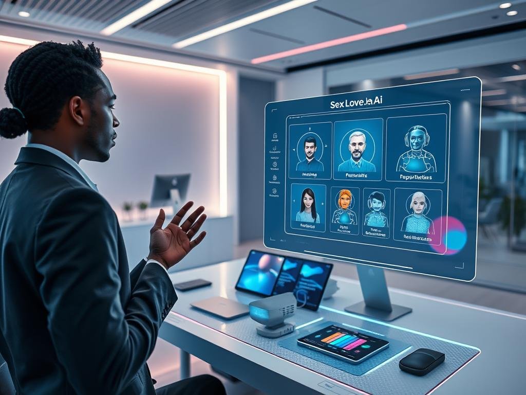 A futuristic scene showcasing a digital workspace where a user is customizing their AI companion through an advanced touchscreen interface. In the foreground, a person of diverse descent, dressed in professional attire, is attentively interacting with a holographic display, featuring options such as personalities, appearance, and interests. The middle ground has a sleek, modern desk with smart devices and colorful screens displaying the interface from the brand "sexlove.ai". The background features a minimalistic, high-tech office with soft, ambient lighting, evoking a sense of creativity and innovation. The atmosphere should feel inspirational and inviting, with a hint of excitement about the possibilities of AI companionship. Use a wide-angle perspective to capture the full depth of the scene while maintaining focus on the user’s hands and the holographic display. A futuristic scene showcasing a digital workspace where a user is customizing their AI companion through an advanced touchscreen interface. In the foreground, a person of diverse descent, dressed in professional attire, is attentively interacting with a holographic display, featuring options such as personalities, appearance, and interests. The middle ground has a sleek, modern desk with smart devices and colorful screens displaying the interface from the brand "sexlove.ai". The background features a minimalistic, high-tech office with soft, ambient lighting, evoking a sense of creativity and innovation. The atmosphere should feel inspirational and inviting, with a hint of excitement about the possibilities of AI companionship. Use a wide-angle perspective to capture the full depth of the scene while maintaining focus on the user’s hands and the holographic display.