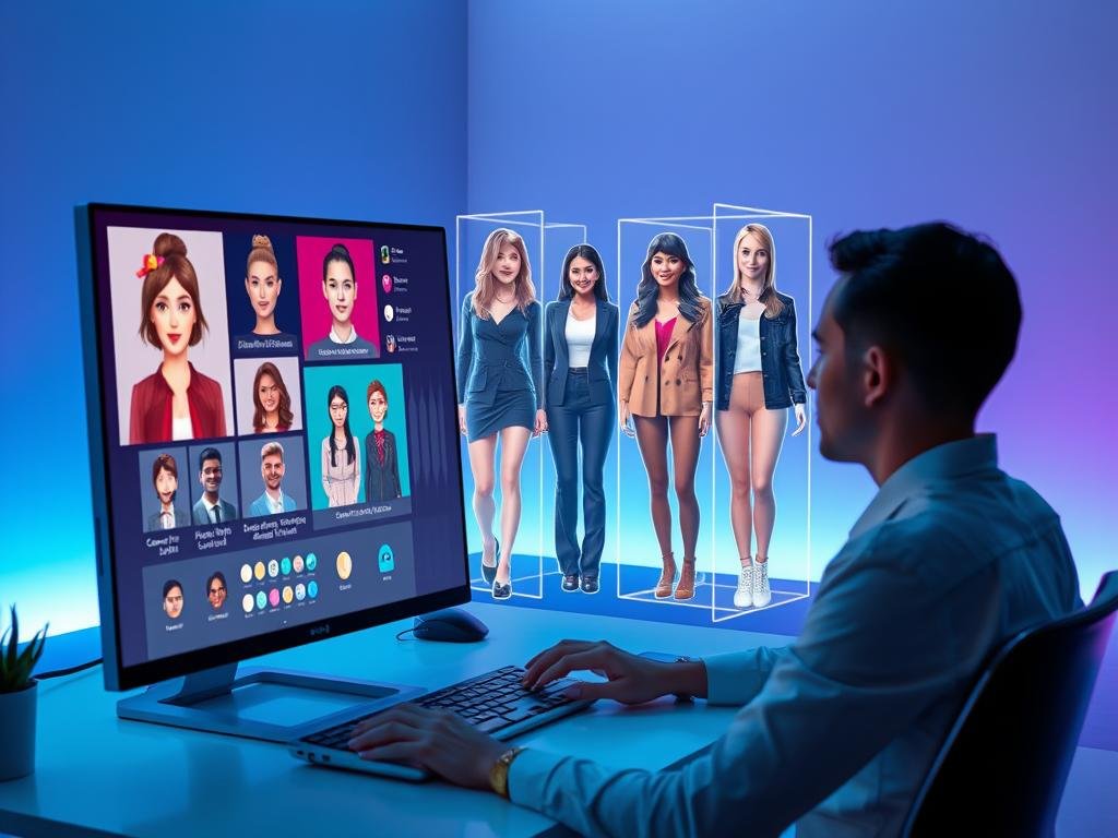 A futuristic scene showcasing a digital workspace where a user is customizing their dream girlfriend AI character using the app "Sexlove.ai". In the foreground, a person is seated at a sleek computer desk, focused on the screen displaying various customizable options for the AI companion. The character's features can be seen on the screen, with different hairstyles, outfits, and accessories available, reflecting a diverse range of personalities. The middle ground features 3D holographic projections of potential avatars, showcasing a mix of professional attire and stylish casual wear, embodying friendliness and charm. The background is subtly lit, with ambient blue and purple tones creating a calming atmosphere, intended for innovation and creativity. Soft light glows from the screen, emphasizing the excitement of customization. No text, captions, or logos visible.