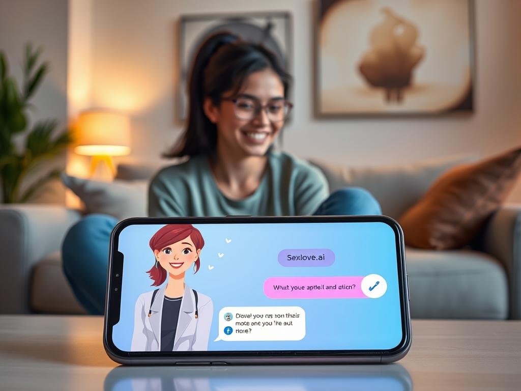 A futuristic scene showcasing a sleek, modern AI girlfriend chat interface on a high-tech device. In the foreground, a smartphone displays a vibrant and intuitive app named "sexlove.ai," featuring animated visuals of a friendly virtual character engaging in conversation. The character appears youthful and approachable, with a warm smile and styled hair, dressed in casual yet professional attire. In the middle ground, a user sits relaxed on a stylish couch, wearing comfortable, modest clothes, interacting with the app, showing a sense of connection and joy. The background features a softly lit, contemporary living room with ambient lighting, creating a cozy atmosphere. The overall mood is inviting and innovative, emphasizing the blend of voice, chat, and visual elements that enhance user experience in 2026.