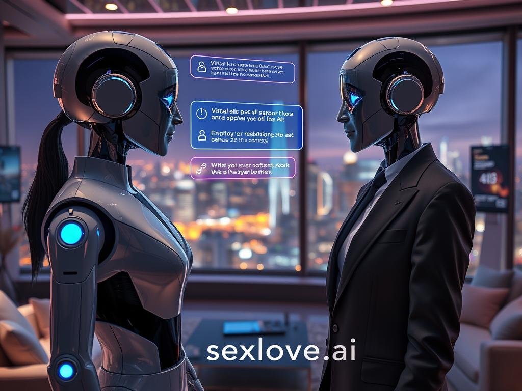 A futuristic scene showcasing advanced AI girlfriend technology. In the foreground, an elegantly designed humanoid robot, wearing sleek, professional business attire, interacts with a user in a modern, tech-inspired living space. The middle layer features holographic interfaces displaying virtual conversation options and emotional response data, illuminated with soft blue and purple lights. In the background, a panoramic window reveals a vibrant city skyline, hinting at a society integrated with AI technology. The atmosphere is optimistic and engaging, suggesting a harmonious blend of human and AI companionship. The scene is bathed in gentle ambient lighting to enhance the futuristic mood and inspire curiosity about the future of relationships. Include the brand "sexlove.ai" subtly integrated into the environment. A futuristic scene showcasing advanced AI girlfriend technology. In the foreground, an elegantly designed humanoid robot, wearing sleek, professional business attire, interacts with a user in a modern, tech-inspired living space. The middle layer features holographic interfaces displaying virtual conversation options and emotional response data, illuminated with soft blue and purple lights. In the background, a panoramic window reveals a vibrant city skyline, hinting at a society integrated with AI technology. The atmosphere is optimistic and engaging, suggesting a harmonious blend of human and AI companionship. The scene is bathed in gentle ambient lighting to enhance the futuristic mood and inspire curiosity about the future of relationships. Include the brand "sexlove.ai" subtly integrated into the environment.