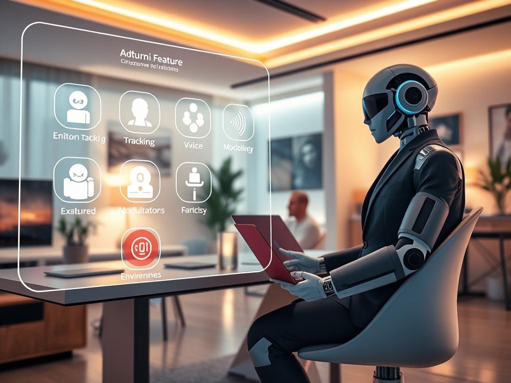 A futuristic scene showcasing advanced features of virtual companions for a high-tech AI girlfriend application called "sexlove.ai." In the foreground, a sleek, interactive holographic interface displays customizable features like emotion tracking, voice modulation, and virtual environments. Bright, illuminated icons float above a modern workspace, emphasizing user-friendliness. The middle ground features a humanoid robot in stylish, professional attire engaging with a user, who is seated at a futuristic desk with a laptop. The background reveals a modern, high-tech apartment filled with smart devices, soft ambient lighting, and futuristic decor. The mood is optimistic and innovative, with a focus on companionship and technology. The angle is a dynamic low view, highlighting the interaction between the user and the virtual companion, showcasing their engaging experience without any text or overlay.