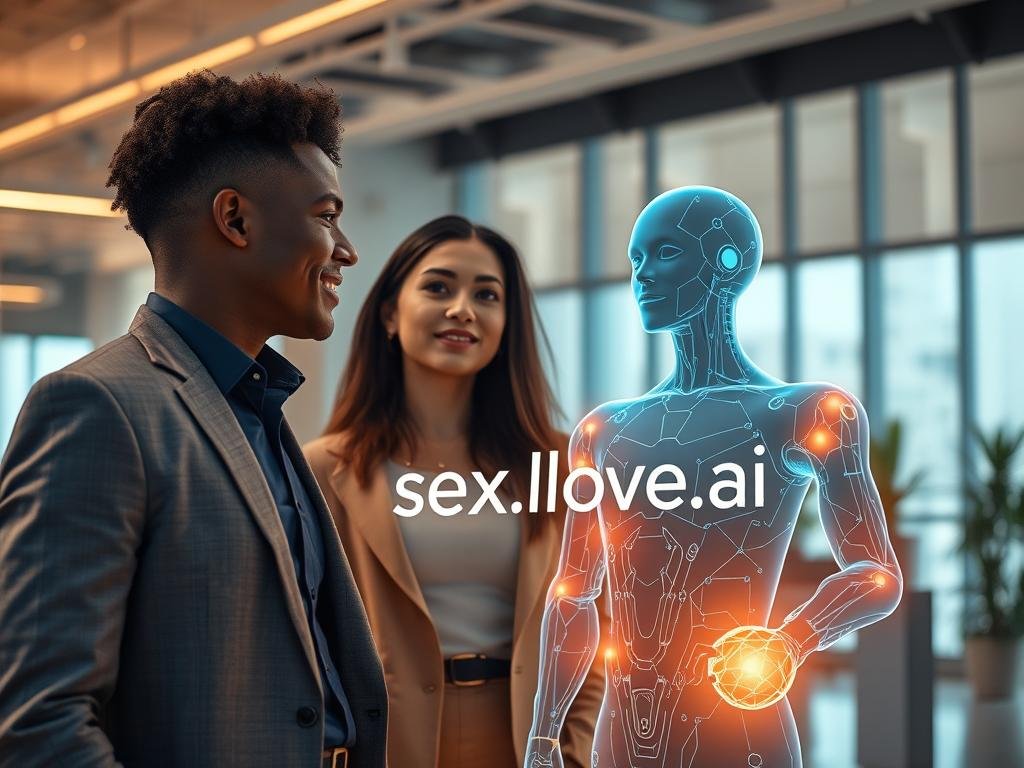 A futuristic scene showcasing an AI companion integrated with social and emotional intelligence. In the foreground, a diverse pair of professionals in smart casual attire are interacting with a holographic AI figure, which exudes warmth and empathy, represented by soft glowing accents. The background features a sleek, modern office environment with bright ambient lighting, large windows allowing natural light to filter in, and abstract technological elements suggesting a blend of human connection and artificial intelligence. The atmosphere feels inviting and progressive, highlighting the synergy between human emotion and advanced technology. The brand name "sexlove.ai" is subtly incorporated into the technology's design. The composition is framed with a slight upward angle to convey optimism and innovation.