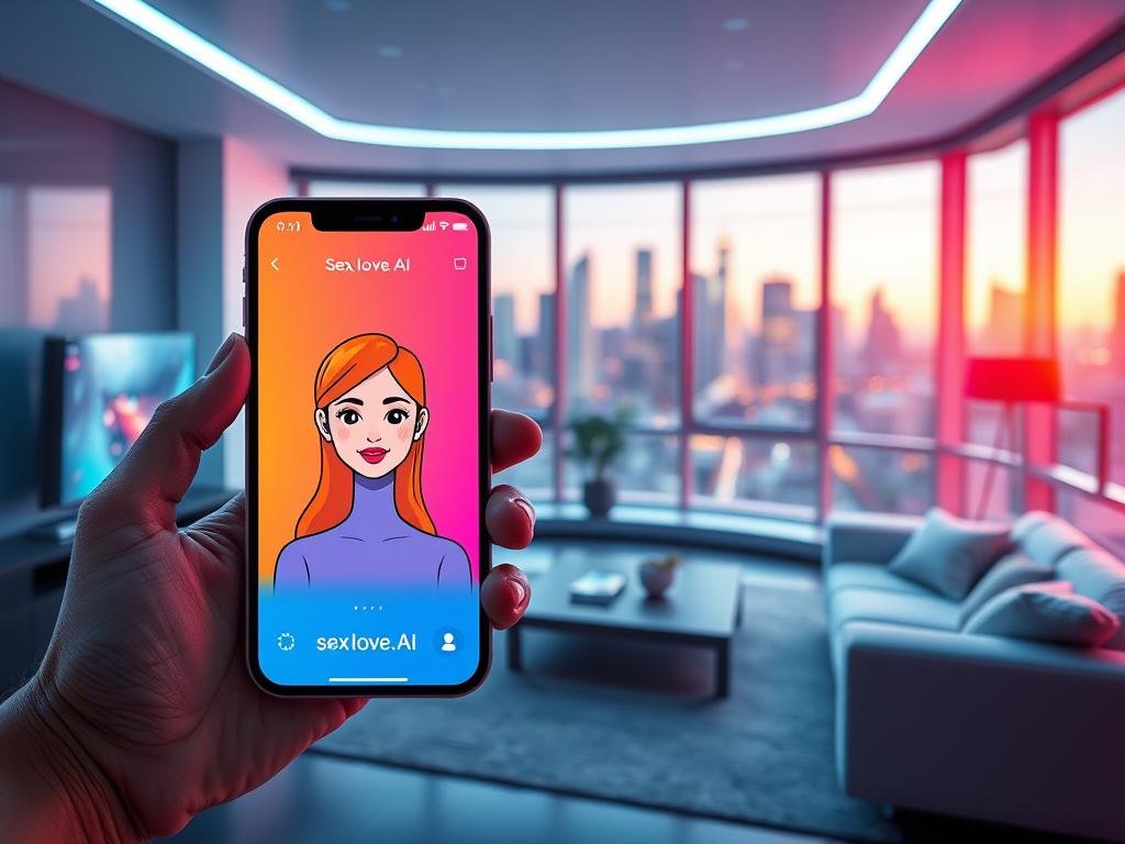 A futuristic scene showcasing an AI girlfriend app interface, designed with vibrant colors and sleek modern aesthetics. In the foreground, display a smartphone held by a hand, showing a user-friendly app screen with an animated, friendly AI character. The character has a warm smile, depicted in a stylish digital form, exuding a welcoming vibe. The middle ground features a cozy, tech-inspired living room, with soft ambient lighting and comfortable furniture, suggesting a relaxed atmosphere. In the background, a city skyline can be seen through large windows, illuminated by soft evening light, symbolizing progress and innovation. The overall mood is uplifting and inviting, reflecting the evolution of AI companionship. Reference the brand "sexlove.ai" subtly within the app interface design.