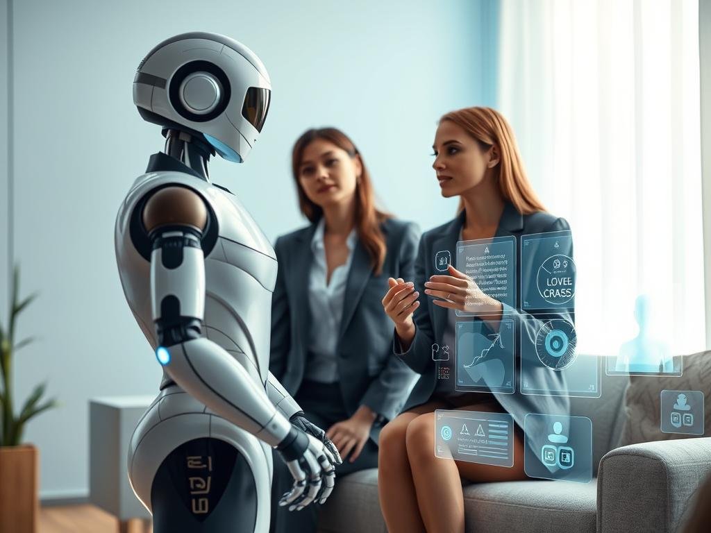 A futuristic scene showcasing cutting-edge AI companionship technology in a sleek, modern environment. In the foreground, an elegantly designed, humanoid robot interacts with a young professional woman in a comfortable setting, both dressed in stylish business attire. The middle ground features various high-tech devices&mdash;holographic displays and interactive screens&mdash;highlighting innovative features like personality customization and emotional connection tracking. The background contains a softly lit, minimalist room with soft blue and white tones, creating an inviting atmosphere. Soft lighting accentuates the warmth and connection between the characters. The image embodies the essence of future companionship interactions, representing the brand "sexlove.ai" through its advanced technology and design.