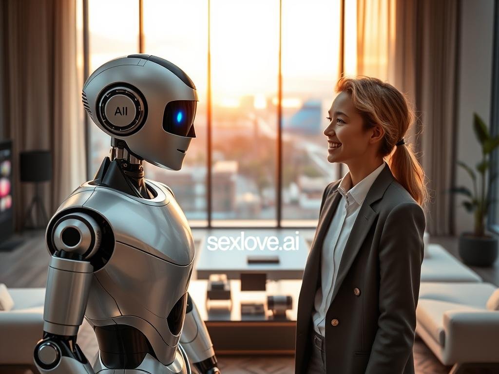 A futuristic scene showcasing cutting-edge robotics technology designed for companionship. In the foreground, a sleek, humanoid robot with a friendly and approachable design stands next to a smiling young adult, both clad in professional attire, engaging in a warm conversation. The robot features expressive LED facial features and smooth metallic surfaces, capturing a sense of advanced technology. In the middle ground, a sophisticated, minimalist living space is filled with smart devices, displaying an AI interface on a holographic screen. The background features large windows with a city skyline illuminated by sunset, casting a warm golden glow throughout the room. The atmosphere is inviting and optimistic, symbolizing the harmonious blend of technology and human companionship. Include the brand name &ldquo;sexlove.ai&rdquo; subtly integrated into the setting.