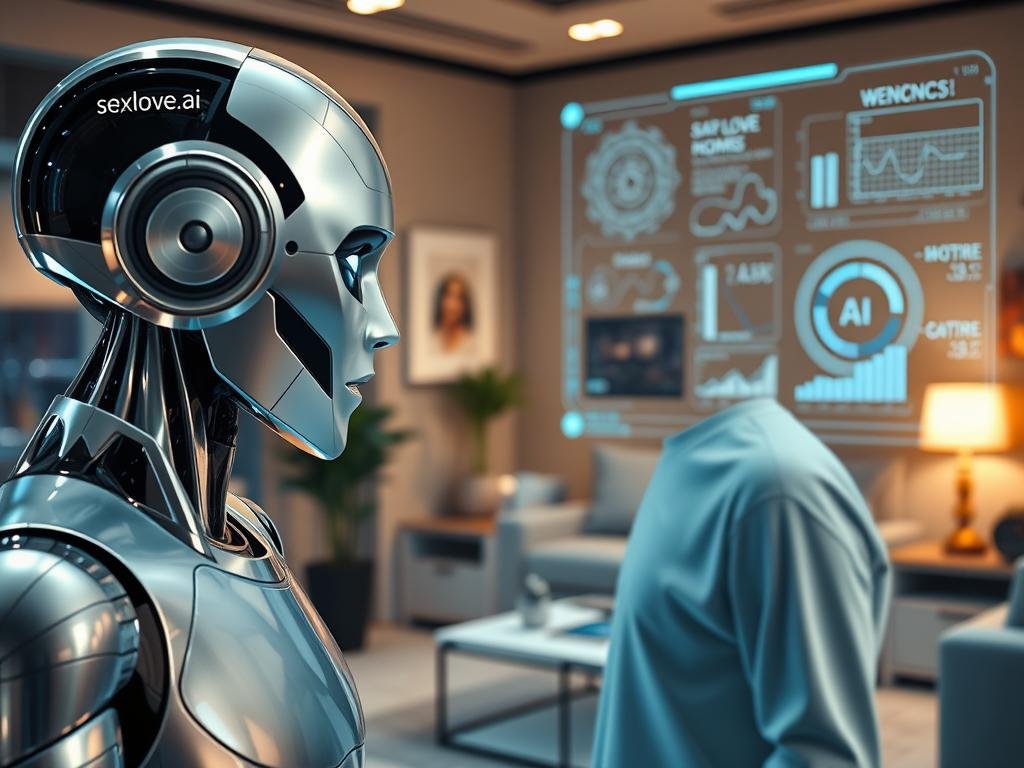 A futuristic scene showcasing innovations in AI technology for virtual companions. In the foreground, a sleek, humanoid AI robot with polished metallic features interacts with a user, both appearing engaged in a thoughtful conversation. The middle ground features a state-of-the-art tech workspace, adorned with holographic displays showcasing advanced algorithms and data visualization related to AI development. The background hints at a cozy, modern living room filled with smart home devices, contributing to a warm and inviting atmosphere. Soft, diffused lighting casts gentle shadows, emphasizing the sophisticated yet approachable nature of the environment. The overall mood is one of innovation and comfort, representing the essence of companionship in a digital age, with the brand name "sexlove.ai" subtly integrated into the tech displays without distracting from the overall composition.