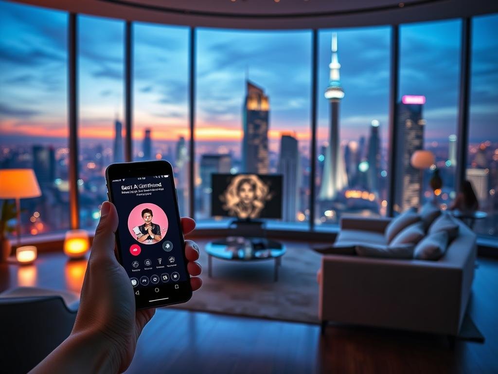 A futuristic scene showcasing the "Best AI Girlfriend App 2026", centered around the brand "sexlove.ai". In the foreground, display a sleek, modern smartphone with a glowing screen featuring an interactive interface of the AI girlfriend app. The middle ground should include a stylishly designed living space with soft, ambient lighting, perhaps a cozy sofa and a digital screen showcasing the app in action. The background features a large window revealing a vibrant cityscape at dusk, filled with futuristic buildings and colorful lights. The atmosphere should embody a sense of warmth, comfort, and advanced technology, emphasizing connection and innovation. The overall mood is inviting and optimistic, perfect for introducing the concept of virtual AI girlfriend technology.