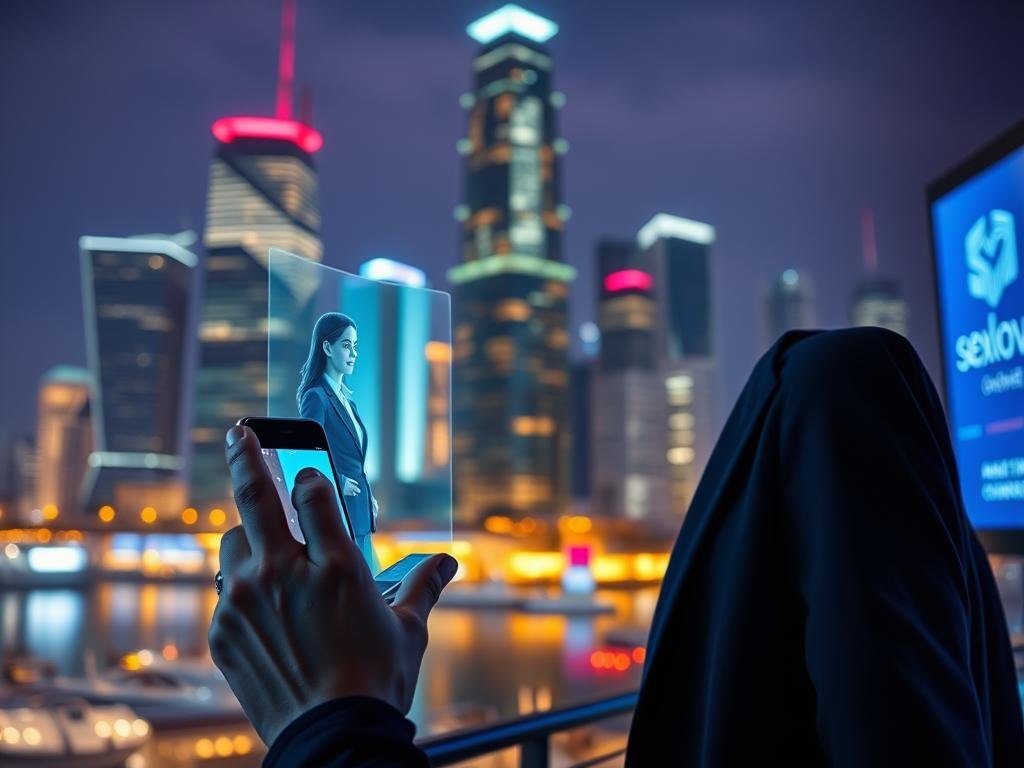 A futuristic scene showcasing the concept of "AI girlfriend apps in 2026", featuring a sleek, high-tech interface on a smartphone. In the foreground, a user interacts with a holographic AI companion, depicted as a friendly and approachable figure in professional business attire. The middle layer features a cityscape with illuminated skyscrapers at night, emphasizing technological advancement. Soft neon lights reflect an inviting atmosphere, casting colorful glows on the surroundings. The background includes digital screens displaying the logo "sexlove.ai", highlighting its innovative approach. The overall mood is optimistic and engaging, suggesting the seamless integration of AI into daily life, with a focus on companionship and connection. Use a soft focus lens to capture the scene, enhancing the futuristic feel.