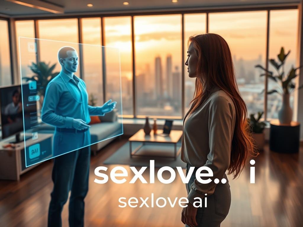 A futuristic scene showcasing the concept of an "AI Girlfriend Experience," featuring a virtual companion designed to emulate human-like interaction. In the foreground, a digital representation of a friendly and approachable AI girlfriend, dressed in smart casual attire&mdash;perhaps a stylish blouse and jeans&mdash;engaging with a user through a holographic interface. The middle layer includes a cozy, modern living room filled with soft lighting and tech gadgets, suggesting a blend of comfort and innovation. The background highlights a view of a serene cityscape through large windows, symbolizing connection and freedom. The overall mood is warm and inviting, emphasizing companionship and technological advancement, with crisp details and vibrant colors. The branding "sexlove.ai" subtly integrated into the d&eacute;cor.