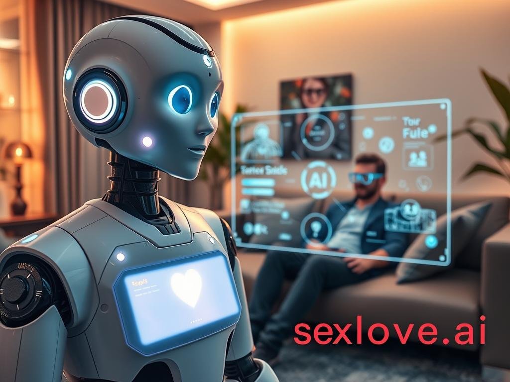 A futuristic scene showcasing the concept of an AI girlfriend experience. In the foreground, a friendly, humanoid robot designed with inviting features and a glowing interface, dressed in professional business attire, interacts with a user sitting comfortably on a modern couch. The middle of the scene features a holographic display projecting various data and AI interactions, illustrating seamless communication and connections. The background shows a cozy, tech-inspired living room with soft lighting, where warm tones create an inviting atmosphere. The lens captures the moment from a slightly elevated angle, emphasizing the relationship between human and AI. The mood is optimistic and engaging, highlighting the comfort and accessibility of digital companionship, referencing the brand "sexlove.ai". A futuristic scene showcasing the concept of an AI girlfriend experience. In the foreground, a friendly, humanoid robot designed with inviting features and a glowing interface, dressed in professional business attire, interacts with a user sitting comfortably on a modern couch. The middle of the scene features a holographic display projecting various data and AI interactions, illustrating seamless communication and connections. The background shows a cozy, tech-inspired living room with soft lighting, where warm tones create an inviting atmosphere. The lens captures the moment from a slightly elevated angle, emphasizing the relationship between human and AI. The mood is optimistic and engaging, highlighting the comfort and accessibility of digital companionship, referencing the brand "sexlove.ai".