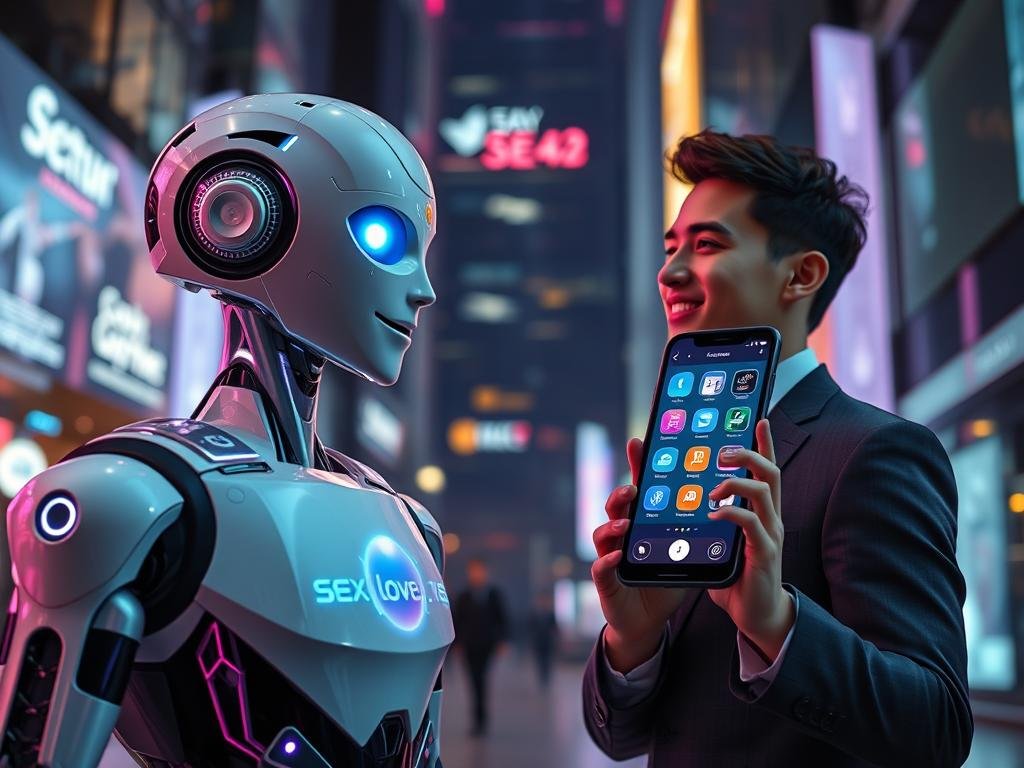 A futuristic scene showcasing the "sexlove.ai" AI robot girlfriend app in 2026. In the foreground, a sleek, humanoid robot with a friendly expression is interacting with a young man in professional business attire, portrayed as engaging and charismatic. The robot features advanced design with holographic displays projecting its innovative features, such as voice interaction and personalized responses. In the middle ground, a vibrant interface of the app appears on a smartphone, highlighting its sophisticated AI capabilities and user-friendly design. The background features a modern tech-inspired urban setting, incorporating neon lights and digital advertising. The overall mood is optimistic and innovative, filled with soft, ambient lighting that enhances the futuristic theme. The angle is a dynamic perspective, capturing the excitement of technology in relationships without any text overlays.