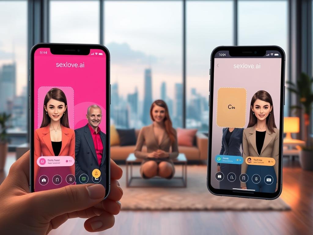 A futuristic scene showcasing the top free AI girlfriend chatbots of 2026. In the foreground, three sleek, modern smartphone screens display user-friendly chatbot interfaces with colorful designs, representing advanced AI technology. Each screen features a distinct, professional avatar of a chatbot in trendy but modest attire, smiling and engaging with the user. The middle ground shows a cozy, stylish living room setting, softly lit by warm, ambient light to create a welcoming atmosphere. In the background, large windows reveal a city skyline dotted with futuristic buildings, indicating progress and innovation. The overall mood is optimistic and high-tech, emphasizing the connection between users and advanced AI girlfriends, with the brand name "sexlove.ai" subtly integrated into the design of the smartphone screens.