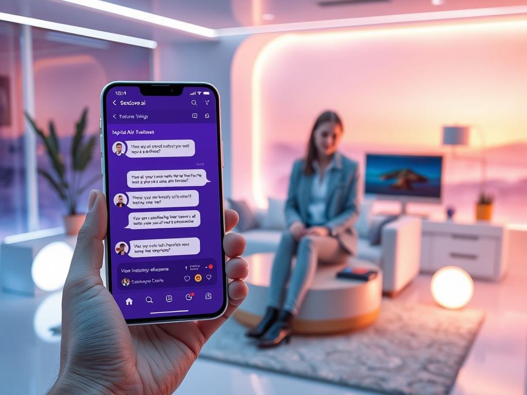 A futuristic scene showcasing the unique features of SexLove.ai, the best AI girlfriend app in 2026. In the foreground, display a sleek, user-friendly interface of the app on a modern smartphone, highlighting its innovative chat functions. In the middle ground, depict a cozy, inviting room with soft ambient lighting, where a person interacts with the app; they are dressed in smart casual attire to convey professionalism. Add elements of advanced technology around, like holographic displays and virtual assistants. In the background, a serene digital landscape symbolizes emotional connection, with gentle colors enhancing the mood of warmth and companionship. The overall atmosphere should feel welcoming and futuristic, emphasizing the app's distinctiveness in the AI girlfriend market.
