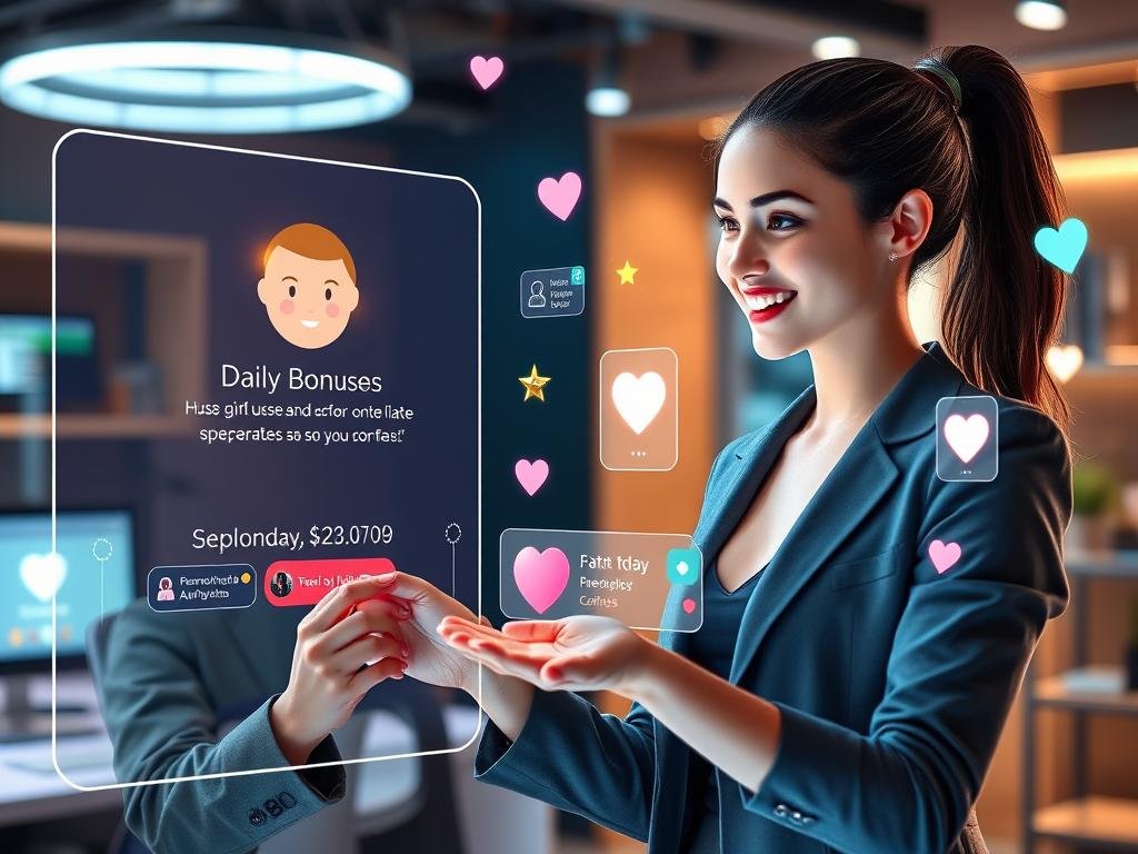 A futuristic scene showcasing user engagement with an AI girlfriend in a modern digital environment. In the foreground, a young professional woman with an engaging smile, dressed in smart casual attire, interacts with a sleek holographic interface that displays personalized daily bonuses. The AI girlfriend's avatar, vibrant and friendly, appears beside her, radiating warmth and connection. In the middle ground, various digital notifications and icons symbolize user interaction&mdash;like hearts and stars&mdash;floating around them. The background features a stylish tech workspace with ambient lighting, highlighting a modern aesthetic. The atmosphere is uplifting and inviting, enhancing the theme of innovation and engagement. Ideal for depicting "sexlove.ai" as a leader in AI companionship apps.