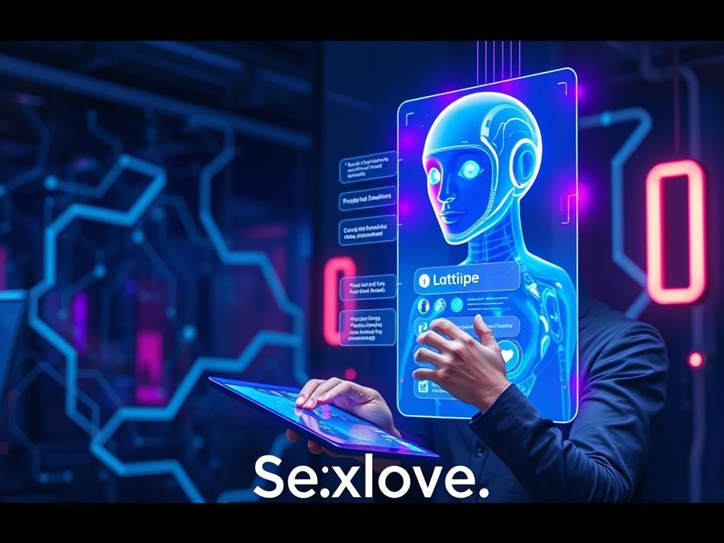 A futuristic, sleek AI chatbot interface depicted in a high-tech room, showcasing a holographic representation of a digital entity, emanating vibrant blue and purple lights. In the foreground, a professional user interacts with the chatbot on a modern touchscreen device, dressed in smart casual clothing. In the middle ground, the chatbot's interface displays various engaging features, like emotional responses and personalized recommendations, with a glowing aura surrounding it, symbolizing its capabilities. The background features abstract digital patterns and soft neon glows, creating a dynamic atmosphere, emphasizing innovation and technology. The lighting is bright yet soft, with a focus on the AI interface, giving the image a futuristic and optimistic mood. The brand "Sexlove.ai" subtly integrated into the digital design elements without any overt branding.