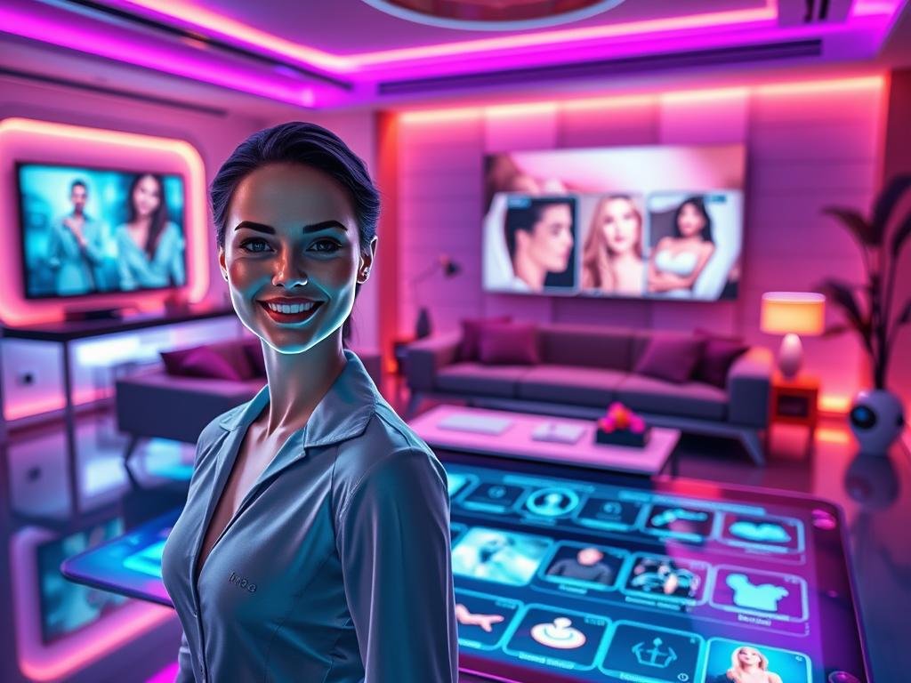A futuristic, stylish living room setting, embodying the essence of the "AI girlfriend experience 2026." In the foreground, a holographic AI girlfriend, appearing friendly and engaging, with luminous features and a warm smile, dressed in modern, professional attire. The middle ground features a sleek, interactive touchscreen interface displaying various romantic scenarios and options. The background showcases a high-tech ambiance with soft blue and purple lighting, accentuated by futuristic furniture and digital screens. Shot from a slight low angle to emphasize the AI's presence and intimacy. The mood is inviting and romantic, reflecting a blend of technology and companionship, with a focus on the brand "sexlove.ai."