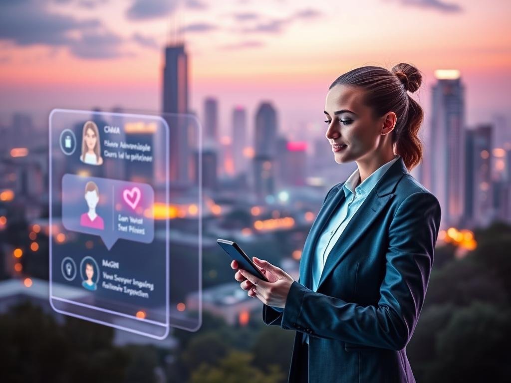 A futuristic, vibrant digital landscape showcasing the features of an AI girlfriend app, &ldquo;sexlove.ai&rdquo;. In the foreground, a sleek, holographic user interface displays interactive elements, such as customizable avatars and engaging chat options. The middle layer features a modern, tech-savvy user interacting with the app on a handheld device, dressed in professional business attire, with a focused expression. In the background, a softly glowing city skyline reflects advanced technology and innovation, illuminated by ambient neon lights. The atmosphere is lively and inviting, conveying a sense of connection and engagement. The scene captures the essence of advanced interactions, showcasing the seamless integration of AI into personal relationships, with soft, diffused lighting and a dynamic composition.