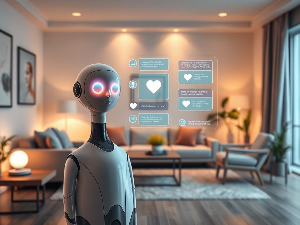 A futuristic virtual companion inspired by the brand "Sexlove.ai", standing confidently in a cozy yet modern living room setting. In the foreground, the companion features an androgynous humanoid figure with glowing facial features that express warmth and friendliness. The middle ground shows a sleek, high-tech interface displaying various interactive holographic elements like heart icons and conversation prompts, emphasizing personality and connection. In the background, soft ambient lighting illuminates minimalist furniture and plants, creating a welcoming atmosphere. The scene captures an inviting blend of technology and companionship, with gentle light reflecting off surfaces to convey a serene, engaging mood. The focus is on emotional connection and personality, illustrating a new frontier in AI companionship.
