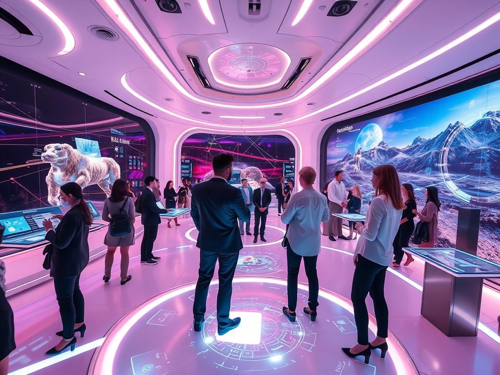 A futuristic virtual space showcasing the immersive environment of sexlove.ai. In the foreground, a diverse group of users, dressed in professional business attire, interact with holographic interfaces and digital avatars. The middle ground features glowing screens displaying vibrant graphics and intuitive navigation tools, inviting exploration. A sleek, modern design with smooth, flowing lines and interactive elements reflects advanced technology. In the background, expansive digital landscapes blend with neon lights, creating a lively atmosphere filled with possibilities. Soft, dynamic lighting adds to the engaging mood, highlighting the excitement of navigating this sophisticated virtual world. Use a wide-angle lens to capture a panoramic view, emphasizing the depth and scale of the environment.