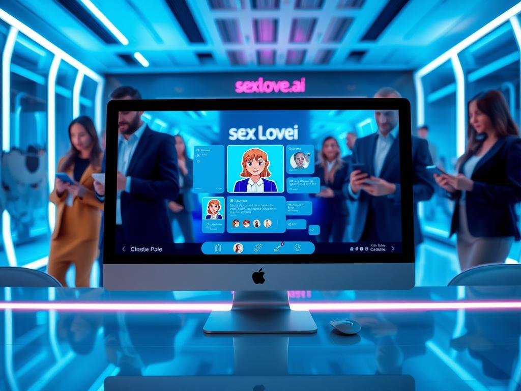 A futuristic, visually appealing workspace showcasing the features of AI girlfriend chatbots. In the foreground, a sleek computer screen displays a friendly, AI chatbot interface with vibrant colors and interactive elements. The middle ground features a diverse group of people, dressed in professional business attire, engaging with their devices, showcasing expressions of curiosity and interest. The background depicts a modern, tech-inspired environment with soft blue and white lighting, enhancing the atmosphere of innovation and connectivity. A subtle logo of "sexlove.ai" is present on a digital display, hinting at the brand. The overall mood is optimistic and inviting, emphasizing the exploration of AI technology in personal interactions.
