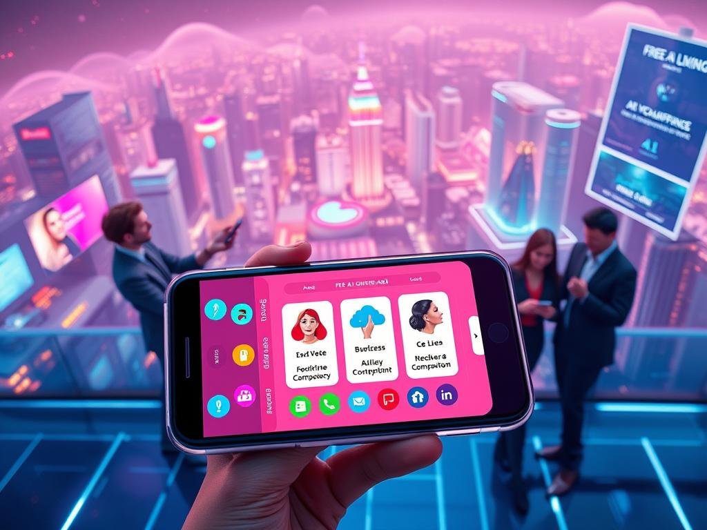 A futuristic, visually captivating digital landscape illustrating the concept of a "Free AI Girlfriend App Advantage." In the foreground, an aesthetically pleasing smartphone displaying the interface of the app "sexlove.ai," with vibrant icons and user-friendly design elements. The middle ground features a diverse group of individuals—two people, a man and a woman, engaged in a friendly conversation while using their devices, both dressed in professional business attire, highlighting the app's social advantages. The background showcases an abstract skyline of a modern city, with holographic advertisements promoting AI technology and companionship. Soft neon lighting bathes the scene, creating a warm, inviting atmosphere that reflects innovation and connection. Use a high-angle perspective, emphasizing the contrast between the lively foreground and the dynamic, glowing background. A futuristic, visually captivating digital landscape illustrating the concept of a "Free AI Girlfriend App Advantage." In the foreground, an aesthetically pleasing smartphone displaying the interface of the app "sexlove.ai," with vibrant icons and user-friendly design elements. The middle ground features a diverse group of individuals—two people, a man and a woman, engaged in a friendly conversation while using their devices, both dressed in professional business attire, highlighting the app's social advantages. The background showcases an abstract skyline of a modern city, with holographic advertisements promoting AI technology and companionship. Soft neon lighting bathes the scene, creating a warm, inviting atmosphere that reflects innovation and connection. Use a high-angle perspective, emphasizing the contrast between the lively foreground and the dynamic, glowing background.