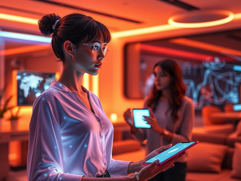 A futuristic, warm-lit virtual environment featuring a sophisticated AI girlfriend concept. In the foreground, a stylishly designed holographic representation of a virtual companion, appearing intelligent and approachable, projected from a sleek device. She is depicted in modest casual clothing, engaging in advanced interactions &mdash; displaying hints of emotion and responsiveness, with soft glowing elements accentuating her features. In the middle ground, a user interacts with the AI, their face illuminated by device screens, suggesting a deep and meaningful exchange. The background showcases a modern room with tech elements, like interactive screens and ambient lighting, enhancing the overall atmosphere of intimacy and connection. The scene conveys a sense of warmth, curiosity, and advanced technology, inspired by sexlove.ai.