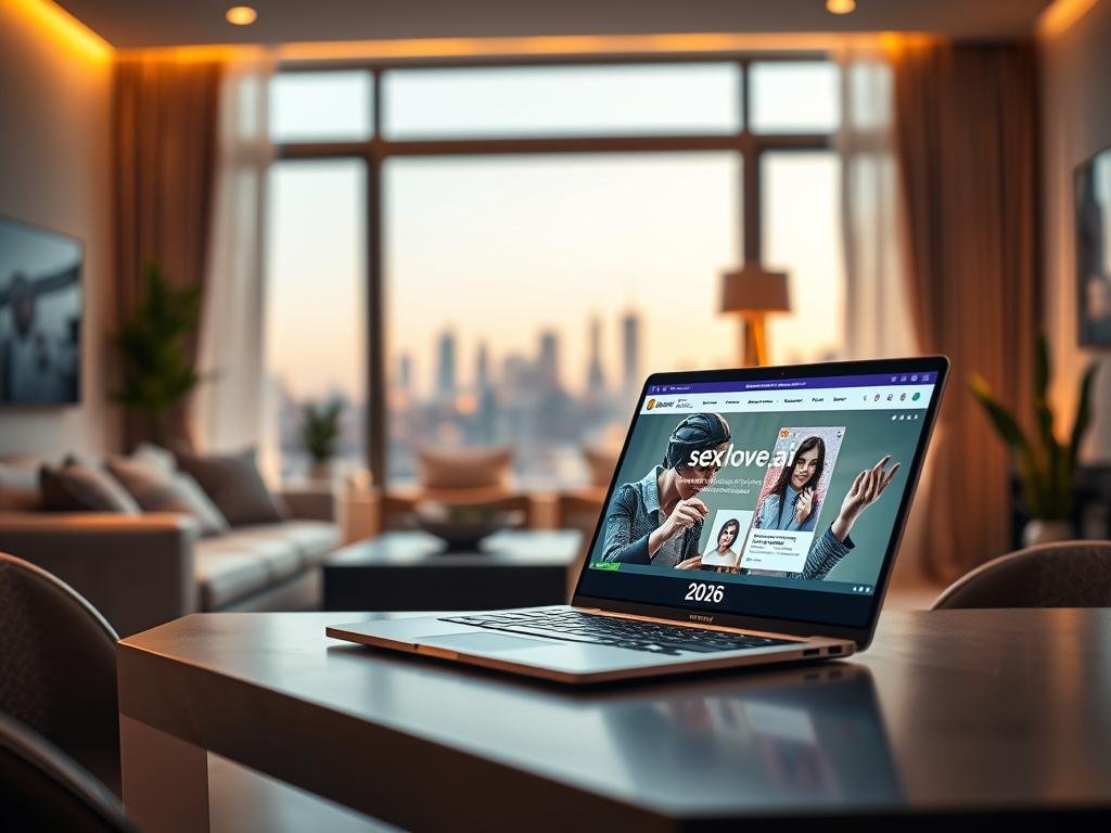 A futuristic web interface showcasing an AI girlfriend website, visually represented through a sleek laptop open on a stylish desk in the foreground. The laptop screen displays a vibrant website with an engaging design, featuring the brand name "sexlove.ai" prominently. In the middle ground, a comfortable, modern living space with warm lighting creates an inviting atmosphere, decorated with soft furnishings and potted plants. In the background, a window reveals a serene urban skyline, suggesting an advanced city in 2026. The mood is optimistic and welcoming, reflecting a blend of technology and human connection. The scene is captured with a shallow depth of field, emphasizing the laptop while softly blurring the surroundings.