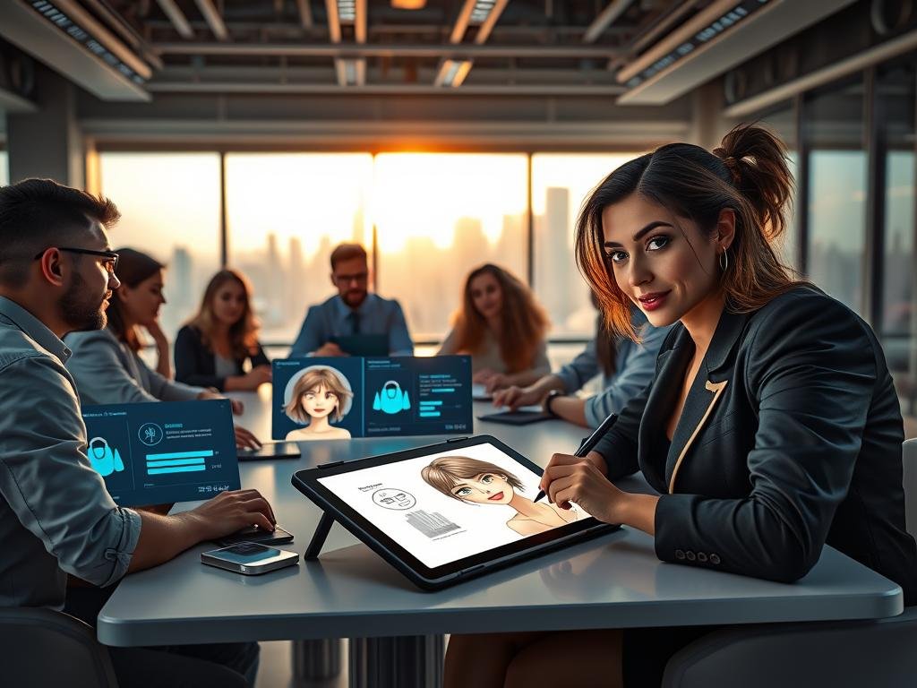 A futuristic workspace, featuring a diverse group of designers brainstorming together, seated around a sleek, modern table. In the foreground, a woman in professional business attire sketches a digital rendering of an AI girlfriend on a tablet, showcasing a blend of warm and cool tones in her design&mdash;big expressive eyes, a friendly smile, and stylish hair. The middle ground features virtual screens displaying voice modulation graphs and customization options, with the logo "sexlove.ai" subtly integrated into the visuals. In the background, a large window reveals a city skyline, bathed in soft, golden sunlight, creating an optimistic and innovative atmosphere. The overall mood conveys creativity and collaboration in developing the ideal AI companion.