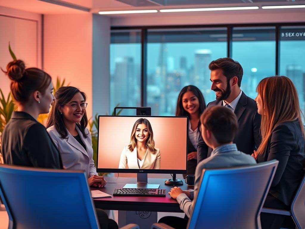 A futuristic workspace featuring a sleek desktop setup displaying the "AI Girlfriend Video Generator" from sexlove.ai. In the foreground, a diverse group of individuals, including a diverse woman and a man, are engaged in a friendly discussion, dressed in professional business attire. The atmosphere is energetic and collaborative, illuminated by soft LED lighting that enhances the sleek design of the gadgets around them. In the middle, the computer screen vividly showcases an interactive AI girlfriend avatar, exuding warmth and approachability. The background consists of modern office elements, including plants and a large window with a city skyline view, suggesting innovation and future technology. The overall mood is inspiring and optimistic, highlighting advancements in AI technology while promoting a professional environment. A futuristic workspace featuring a sleek desktop setup displaying the "AI Girlfriend Video Generator" from sexlove.ai. In the foreground, a diverse group of individuals, including a diverse woman and a man, are engaged in a friendly discussion, dressed in professional business attire. The atmosphere is energetic and collaborative, illuminated by soft LED lighting that enhances the sleek design of the gadgets around them. In the middle, the computer screen vividly showcases an interactive AI girlfriend avatar, exuding warmth and approachability. The background consists of modern office elements, including plants and a large window with a city skyline view, suggesting innovation and future technology. The overall mood is inspiring and optimistic, highlighting advancements in AI technology while promoting a professional environment.
