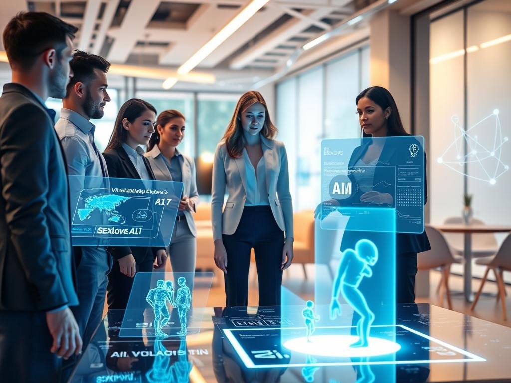 A futuristic workspace featuring a sleek, high-tech interface displaying the virtual girlfriend chatbot from sexlove.ai. In the foreground, a professional, diverse group of individuals dressed in smart casual attire collaboratively engages with holographic screens showcasing AI algorithms and relationship dynamics. The middle ground illustrates an innovative setup with glowing screens and interactive 3D models of AI companionship technology. The background transitions into a soft-focus, modern office environment with abstract representations of connections and communication lines, symbolizing the technology’s impact on relationships. The lighting is warm and inviting, casting a soft glow over the scene, creating a sense of optimism and curiosity about the future of companionship through AI. A futuristic workspace featuring a sleek, high-tech interface displaying the virtual girlfriend chatbot from sexlove.ai. In the foreground, a professional, diverse group of individuals dressed in smart casual attire collaboratively engages with holographic screens showcasing AI algorithms and relationship dynamics. The middle ground illustrates an innovative setup with glowing screens and interactive 3D models of AI companionship technology. The background transitions into a soft-focus, modern office environment with abstract representations of connections and communication lines, symbolizing the technology’s impact on relationships. The lighting is warm and inviting, casting a soft glow over the scene, creating a sense of optimism and curiosity about the future of companionship through AI.