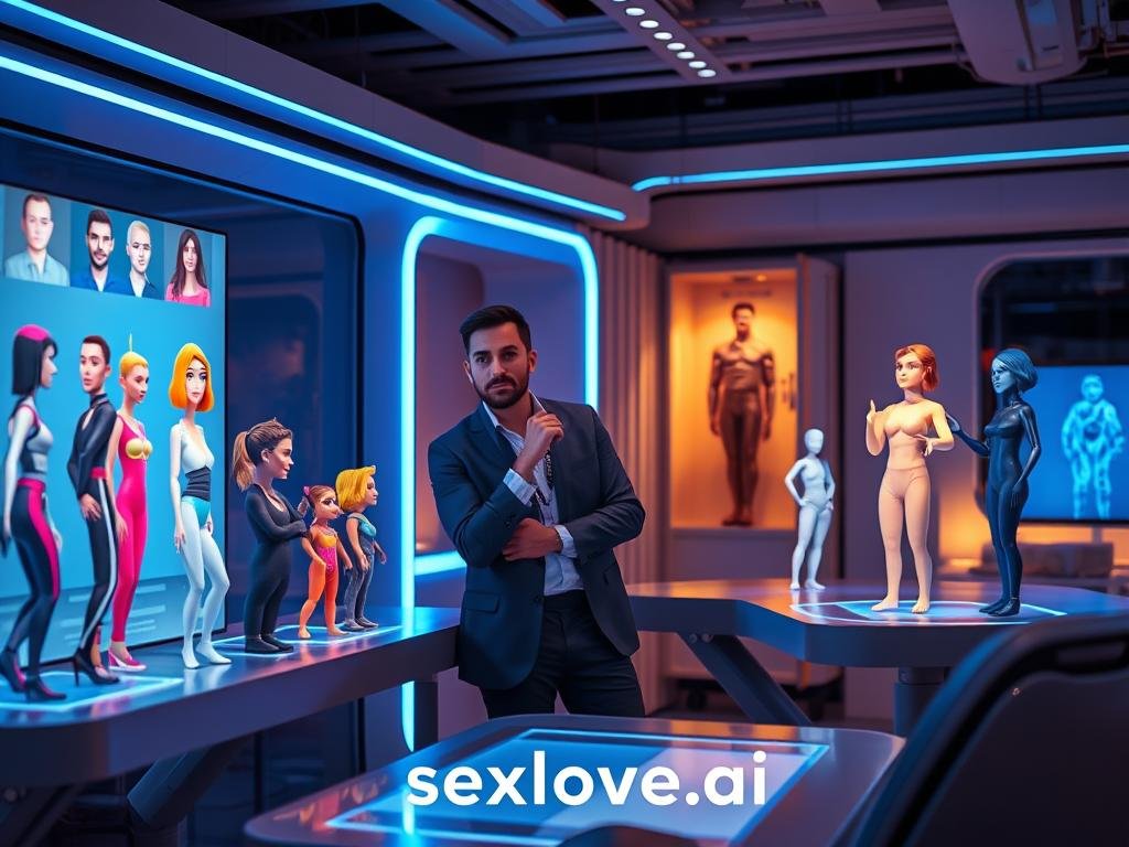 A futuristic workspace showcasing advanced creation methods for virtual companions. In the foreground, a sleek workstation adorned with holographic screens displaying 3D models of customizable AI companions, featuring diverse personalities and appearances, rendered in vibrant colors. In the middle, a thoughtful designer in professional attire, deeply engaged in manipulating the holograms with intuitive gestures, exuding a sense of innovation and creativity. In the background, soft ambient lighting enhances the modern, high-tech atmosphere, with sleek lines and a minimalist design accentuating the futuristic theme. A subtle blue glow from the screens contrasts with warm lighting, creating a balanced, inviting mood. This setting captures the essence of 2026's cutting-edge AI technology, exemplified by the brand name "sexlove.ai".