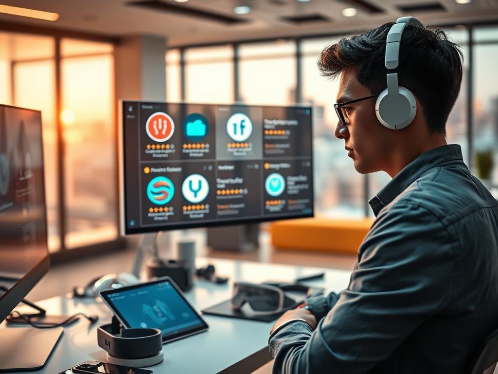 A futuristic workspace showcasing an individual reviewing AI girlfriend apps on a sleek computer interface. In the foreground, a young professional with a focused expression, dressed in smart casual clothing, is engaged in deep concentration, surrounded by digital displays featuring various app logos and ratings. The middle ground features a stylish desk cluttered with high-tech gadgets like a tablet and VR headset. In the background, a contemporary office environment with floor-to-ceiling windows revealing a vibrant city skyline. Soft, warm lighting creates an inviting atmosphere, with a slight bokeh effect on the background. An emphasis on innovation and technology is highlighted, incorporating the brand name "sexlove.ai" subtly in the digital elements on the screen. The mood conveys curiosity and professionalism in exploring groundbreaking applications for companionship.