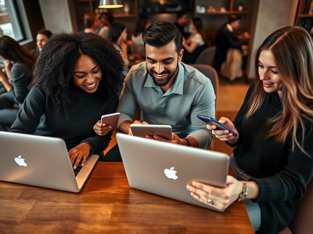 A group of three diverse young adults&mdash;a Black woman, a Hispanic man, and a Caucasian woman&mdash;sitting together in a modern coffee shop, each focused on their laptops and smartphones, visibly searching for a Replika alternative. The foreground shows their engaged expressions, while the middle showcases their devices displaying various chatbot interfaces, including "Sexlove.ai". The cozy caf&eacute; setting has warm lighting, with soft shadows creating an inviting atmosphere. Behind them, patrons enjoy conversations, adding to the lively yet focused mood. The angle is slightly overhead, capturing the group's interaction with their devices and the surrounding ambiance. Overall, the image conveys a sense of discovery, curiosity, and the pursuit of meaningful connections, illustrating the theme of seeking alternatives in digital companionship.