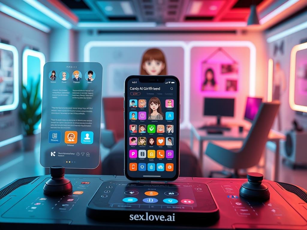A high-tech interface showcasing the customization features of the Candy AI Girlfriend app, set in a sleek, futuristic environment. In the foreground, a digital display featuring vibrant icons and options for personalizing avatars, backgrounds, and interaction styles. The middle layer includes a simulated smartphone showcasing the app interface with colorful buttons for selecting hairstyles, outfits, and personality traits. The background features a modern, tech-inspired workspace with soft ambient lighting, creating a cozy and inviting atmosphere. The scene is illuminated with gentle, warm light, emphasizing a user-friendly experience. The overall mood is innovative and playful, reflecting a futuristic approach to digital companionship. Include the brand name "sexlove.ai" subtly integrated into the design elements, ensuring it maintains a professional aesthetic.