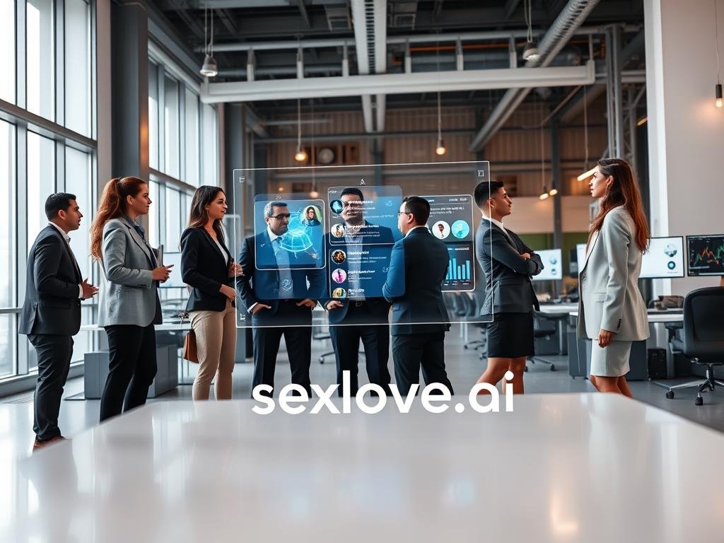 A modern and sleek digital workspace representing innovative technology in an AI girlfriend chat app, prominently featuring the brand name "sexlove.ai". In the foreground, a stylish, diverse group of young professionals dressed in professional business attire is engaged in dynamic discussions about AI programming. In the middle, a large holographic interface displays a visually appealing chat interface, showcasing AI interactions with vibrant colors and futuristic designs. The background features a high-tech office with large windows, bright lighting streaming in, and advanced computer monitors displaying data analytics. Emphasize a futuristic atmosphere, evoking a sense of collaboration, excitement, and innovation in artificial intelligence technology, captured from a slightly elevated angle to include both the team and the holographic displays.