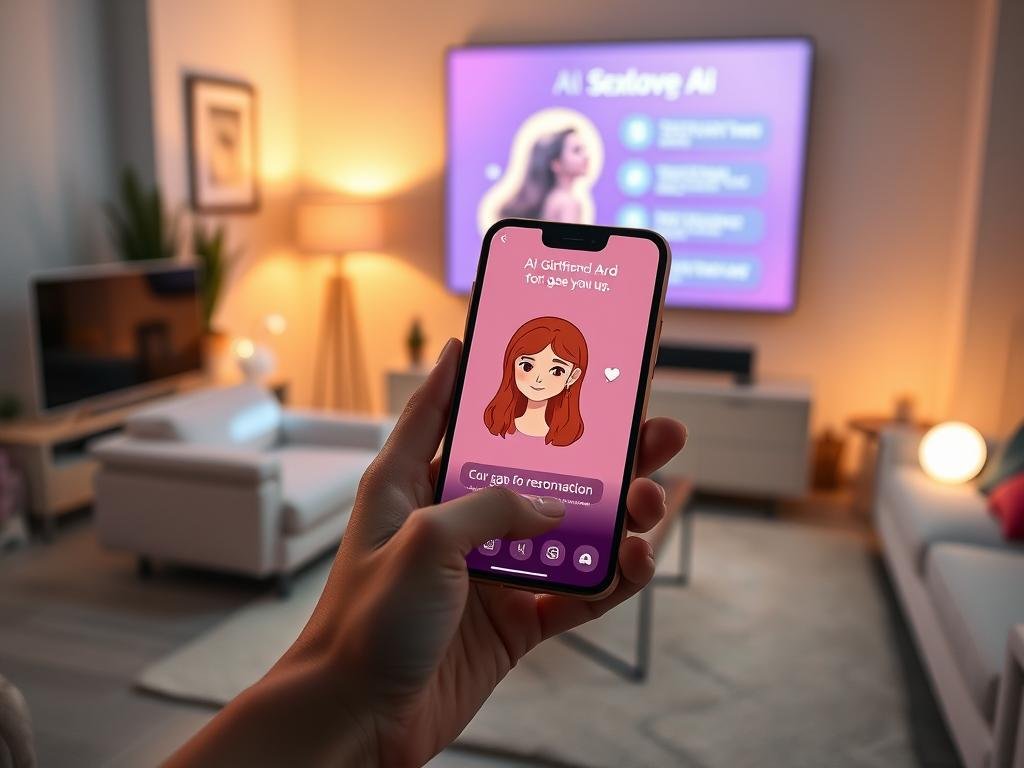 A modern and sleek user interface of the "AI Girlfriend App 2026" for the platform sexlove.ai, displayed on a futuristic smartphone. In the foreground, a hand gently holds the smartphone, showcasing the app's vibrant, intuitive design featuring a friendly, animated AI character. In the middle ground, a softly lit room creates a cozy atmosphere, with contemporary furniture and warm lighting enhancing the tech-savvy environment. In the background, a digital screen displays visual prompts and options of the app, emphasizing features for personalization and interaction. The lighting is soft yet engaging, suggesting an inviting and user-friendly experience. The overall mood is approachable, innovative, and futuristic, suitable for users seeking a companion-like interaction.